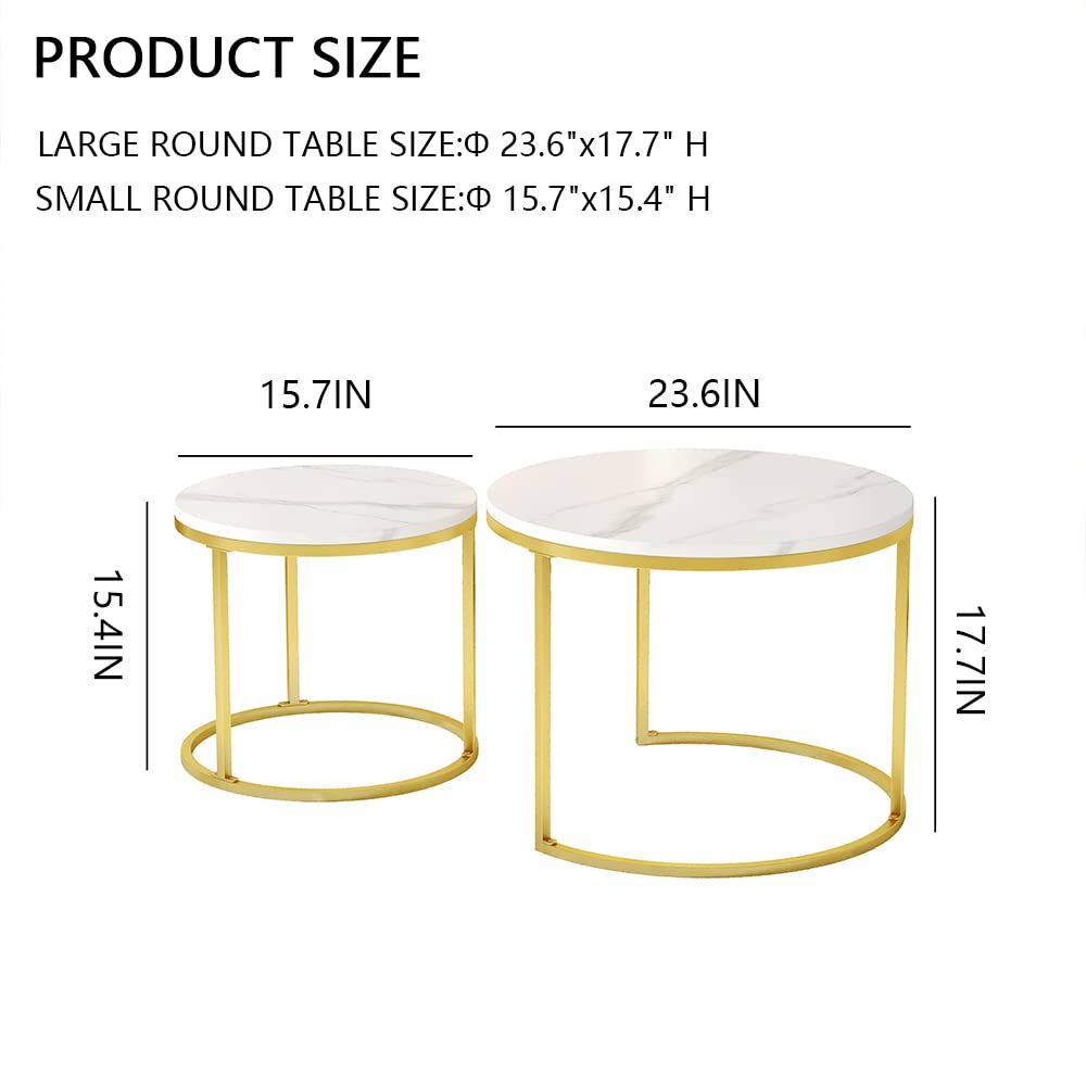 Modern Round Nesting Coffee Table Set of 2 - Sturdy Metal Frame & Marble Pattern Wooden Side Tables for Living Room - Sofa End Table & Cocktail Table for Dining Room & Home Decor - Perfect for Small Spaces, Apartments & Cozy Home Settings