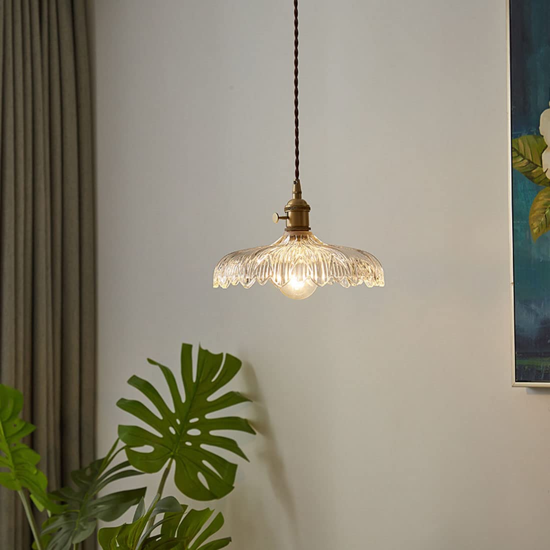 Modern Brass Pendant Light Fixture - Industrial Glass Ceiling Hanging Lamp with Scalloped Shade - Clear Glass Lighting for Bedroom, Living Room, Dining Room & Kitchen (7.9 Inch) - Perfect for Farmhouse, Loft & Industrial Style Decor