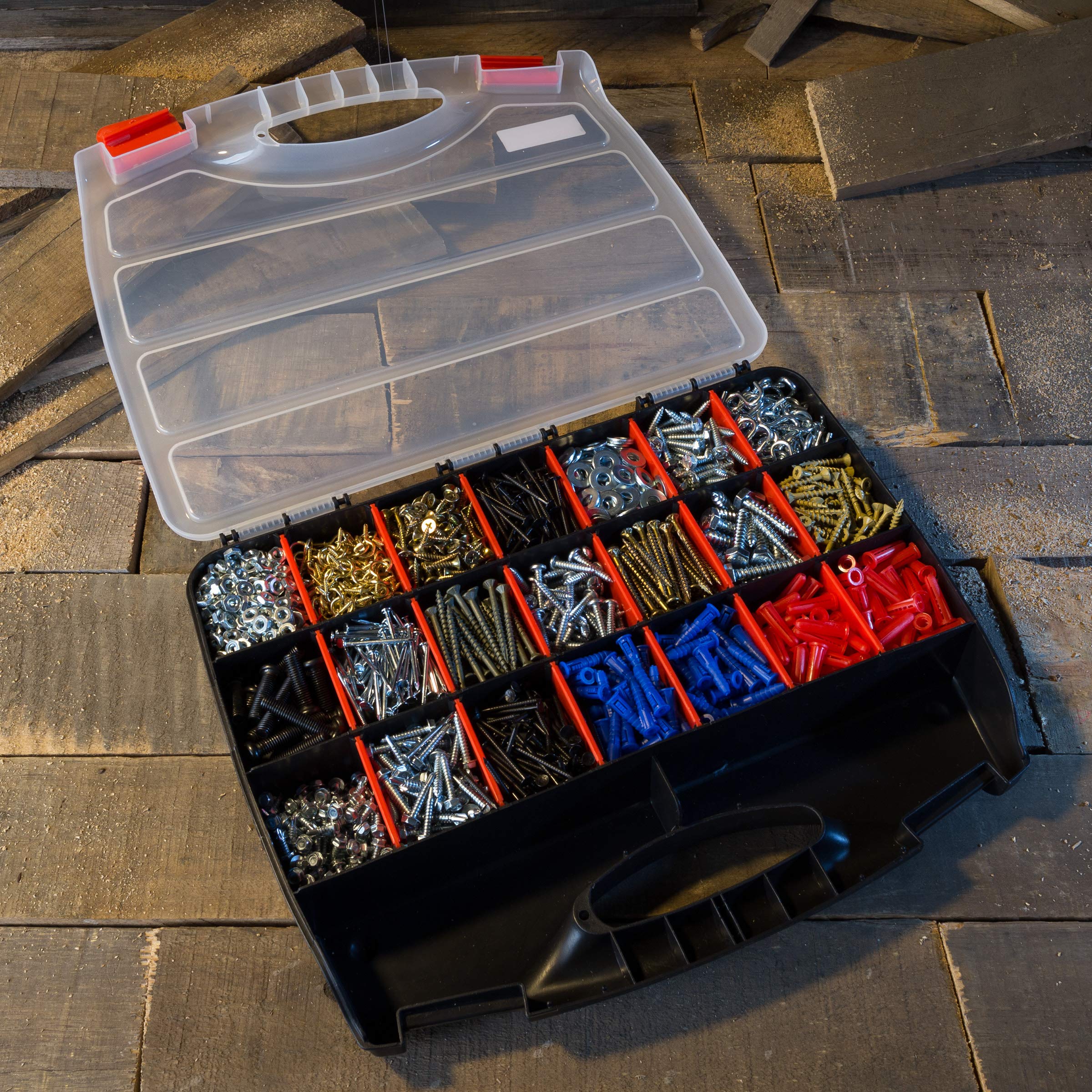Stalwart 23-Compartment Plastic Hardware Organizer Box with Dividers - Portable Tool Storage for Screws, Nuts, Beads & Jewelry - Secure Latches for DIY, Crafting & Fishing Tackle Organization - Perfect for Home Workshop, Garage & Travel Tool Kits
