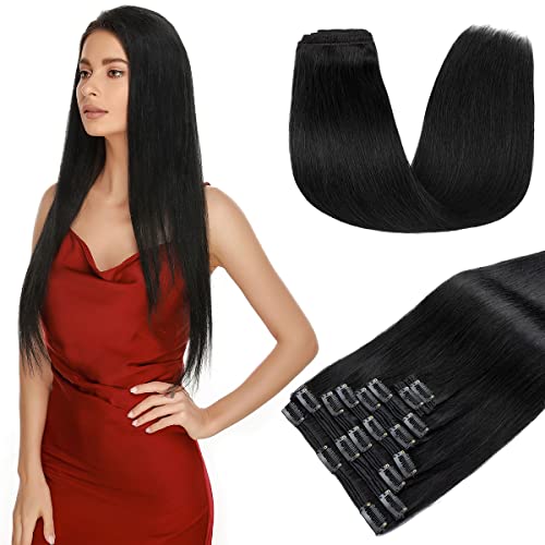 S-noilite 24 Inch Clip in Human Hair Extensions - 8Pcs Jet Black Remy Hair, Double Weft (170g) for Volume & Length - Perfect for Parties, Weddings & Daily Styling