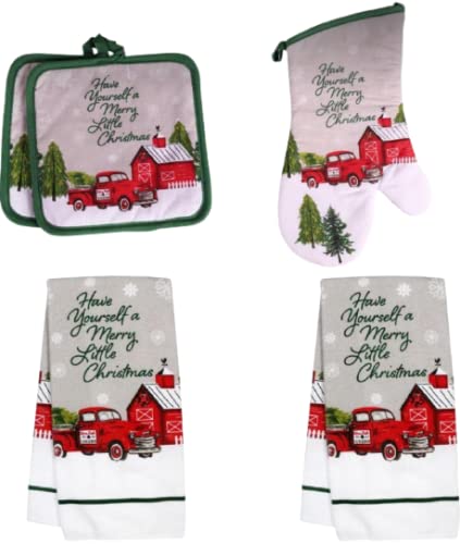 Vintage Farmhouse Christmas Truck Kitchen Linen Set - 2 Dish Towels, 2 Potholders & 1 Oven Mitt - Holiday Home Decor for Christmas Baking and Cozy Farmhouse Kitchen