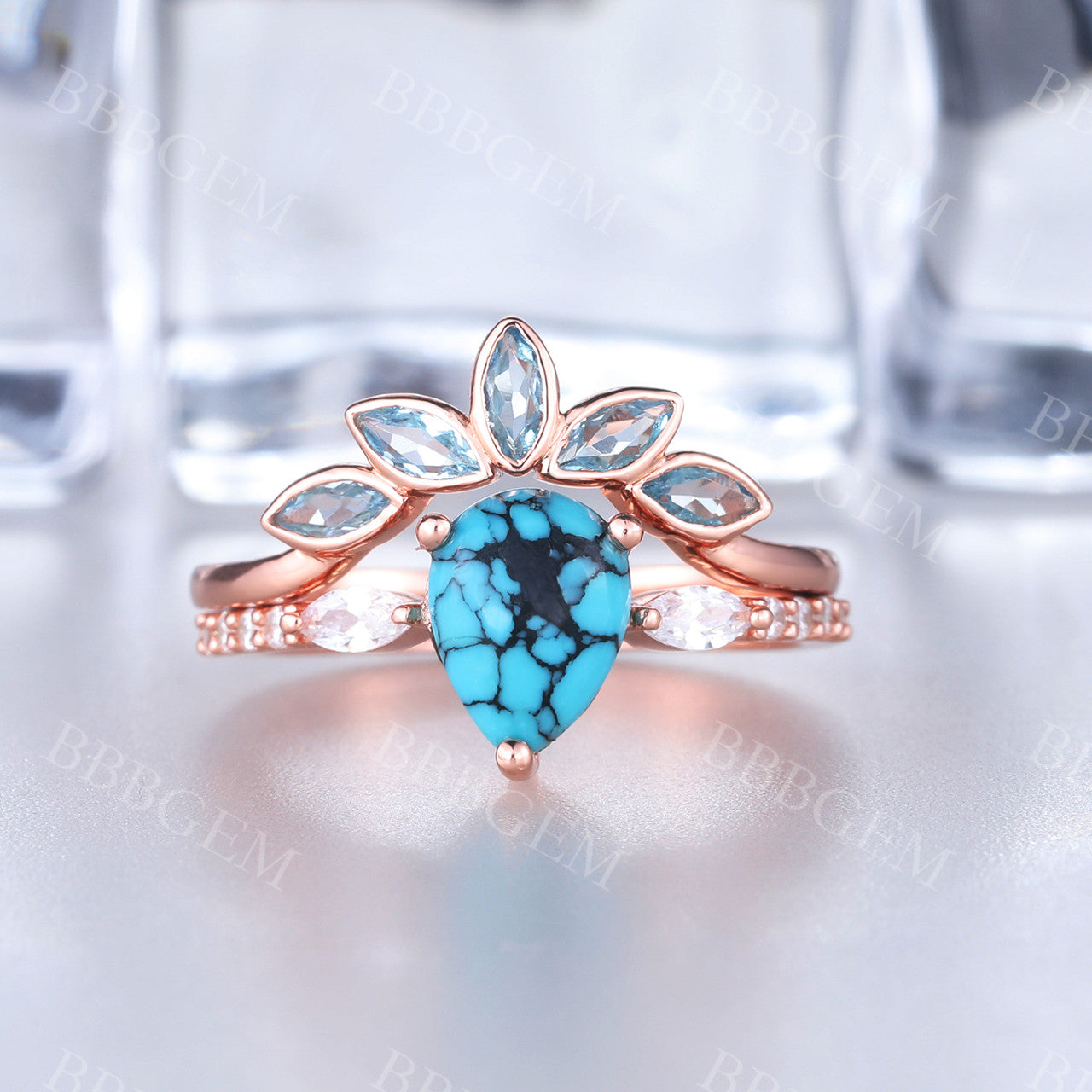 Turquoise Engagement Ring & Rose Gold Wedding Ring Set with Diamonds – Perfect for Bridal Jewelry, Proposals, and Anniversary Gifts