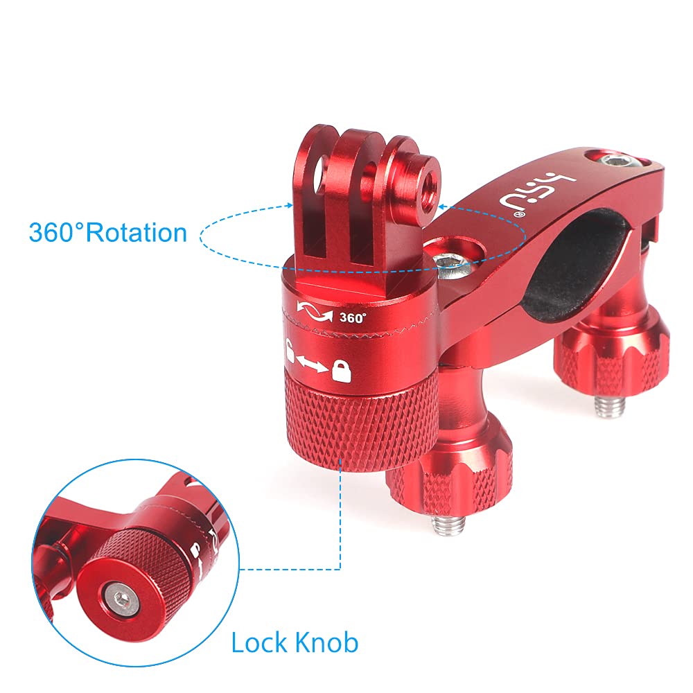 HSU 0.6-1.3 Inch Universal All-Aluminum Bike & Motorcycle Handlebar Mount with 360° Rotating Seat Post - Compatible with GoPro Hero 13/12/11/10/9/8/7/6/5, DJI Osmo Action, AKASO & Most Action Cameras (Red) - Perfect for Cycling, Motorcycling, Skiing & Outdoor Adventures