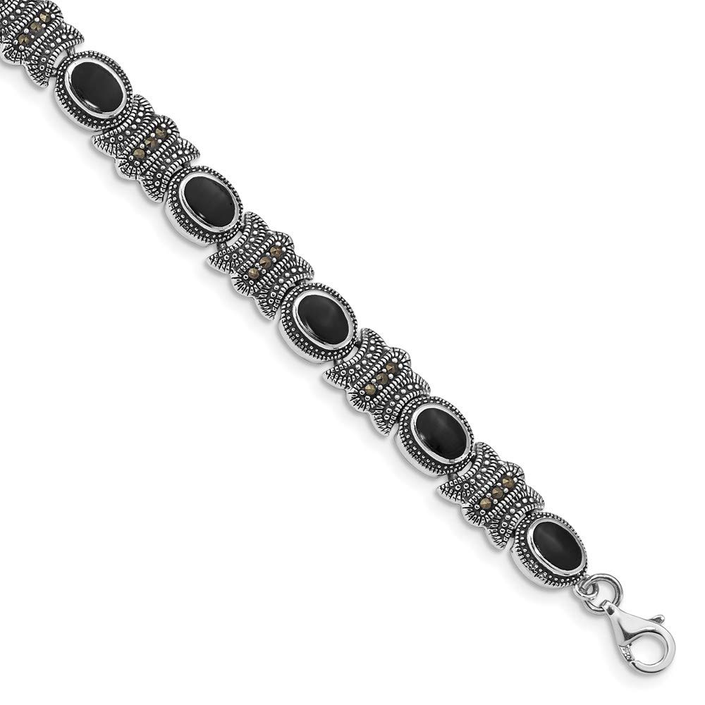 925 Sterling Silver Marcasite and Onyx Bracelet for Women - Elegant Fine Jewelry Gift for Her, 7.25 Inch Adjustable - Perfect for Parties, Weddings & Special Occasions
