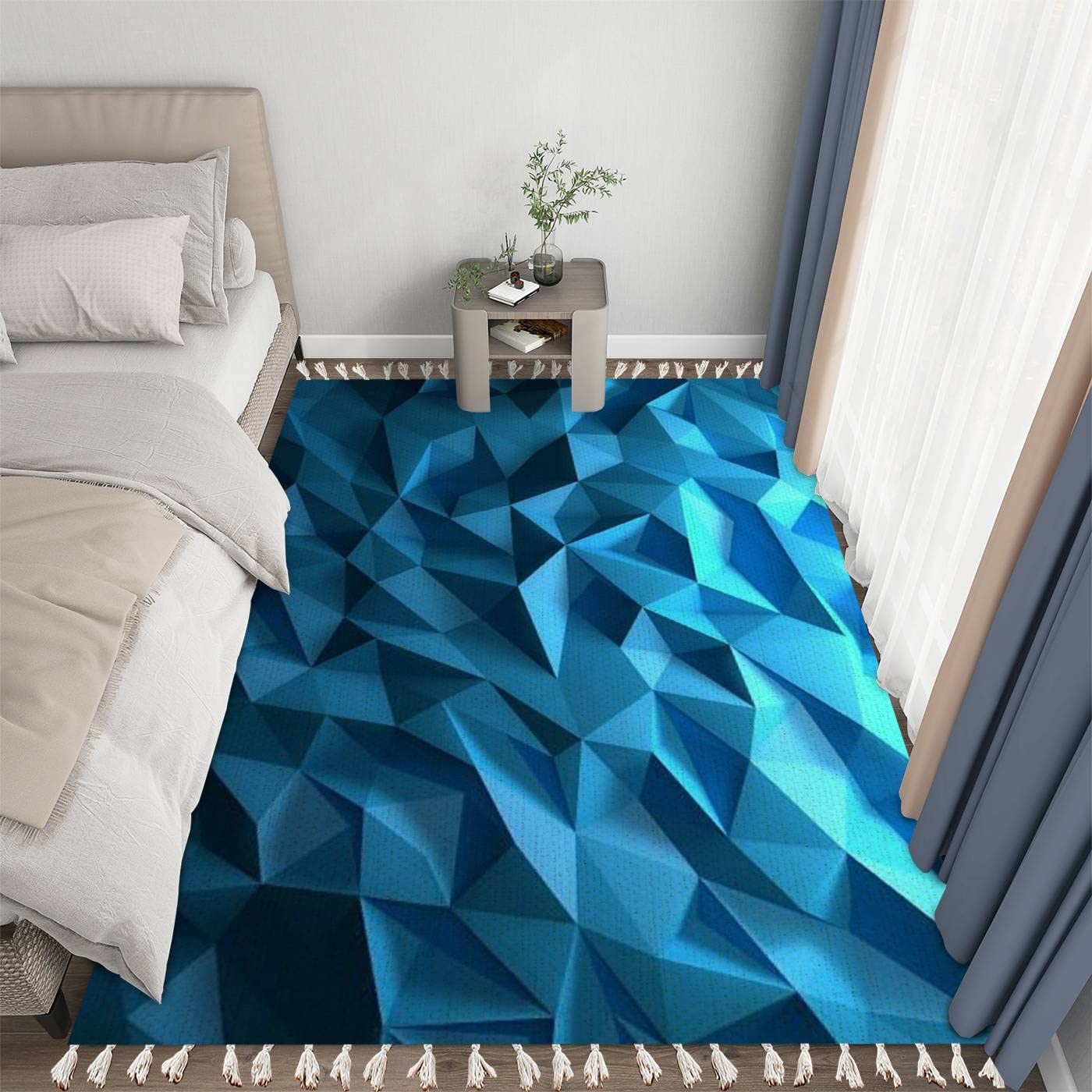 Boho Blue Triangle Geometric Crystal Area Rug - Linen Carpet for Patio, Hallway Runner, Living Room, Bedroom & Outdoor Decor | Minimalist Home Design for Boho Chic & Modern Spaces