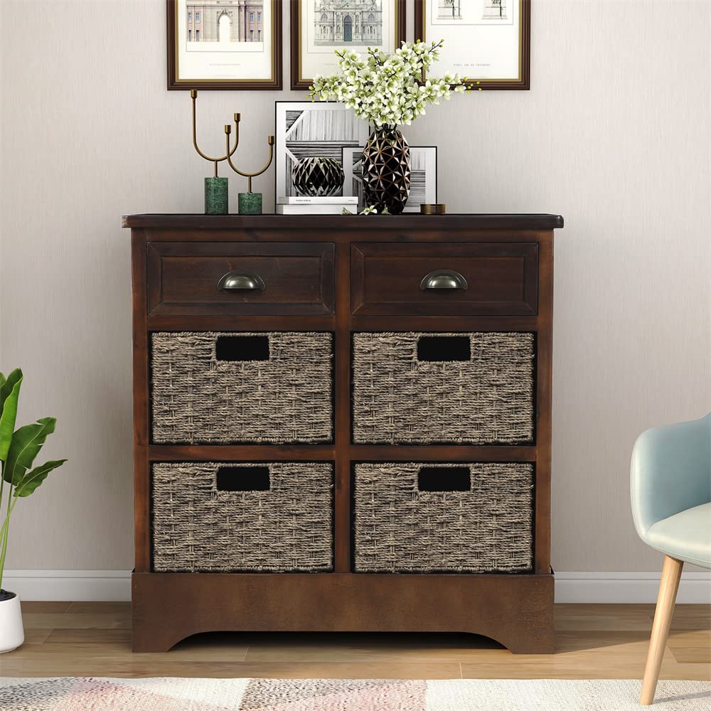 Rustic Wood Storage Cabinet with 2 Drawers & 4 Rattan Baskets - Farmhouse Entryway Console Table, Sofa Side Table for Living Room, Dining Room Accent Sideboard - Espresso Finish - Perfect for Home Organization & Farmhouse Decor