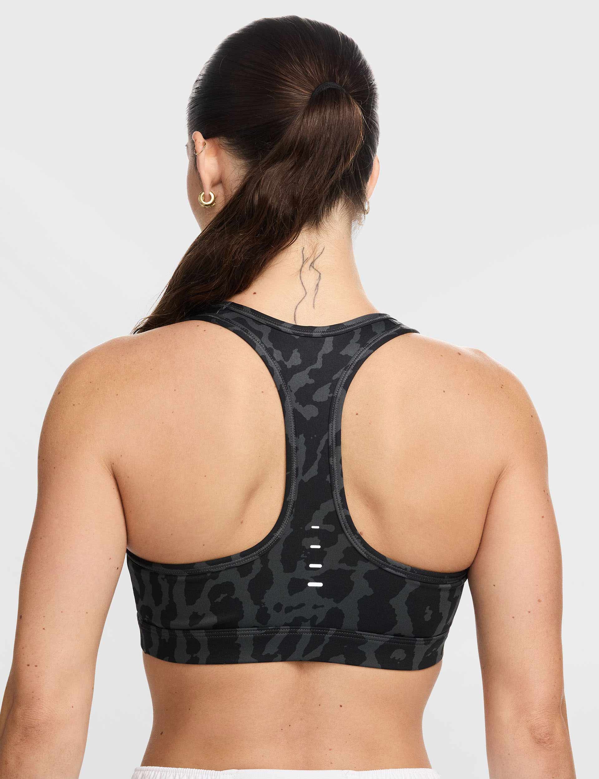 High Support Printed Sports Bra for Women - Medium Impact Workout, Running, Yoga - Black/Reflective Silver | Moisture-Wicking & Breathable Activewear