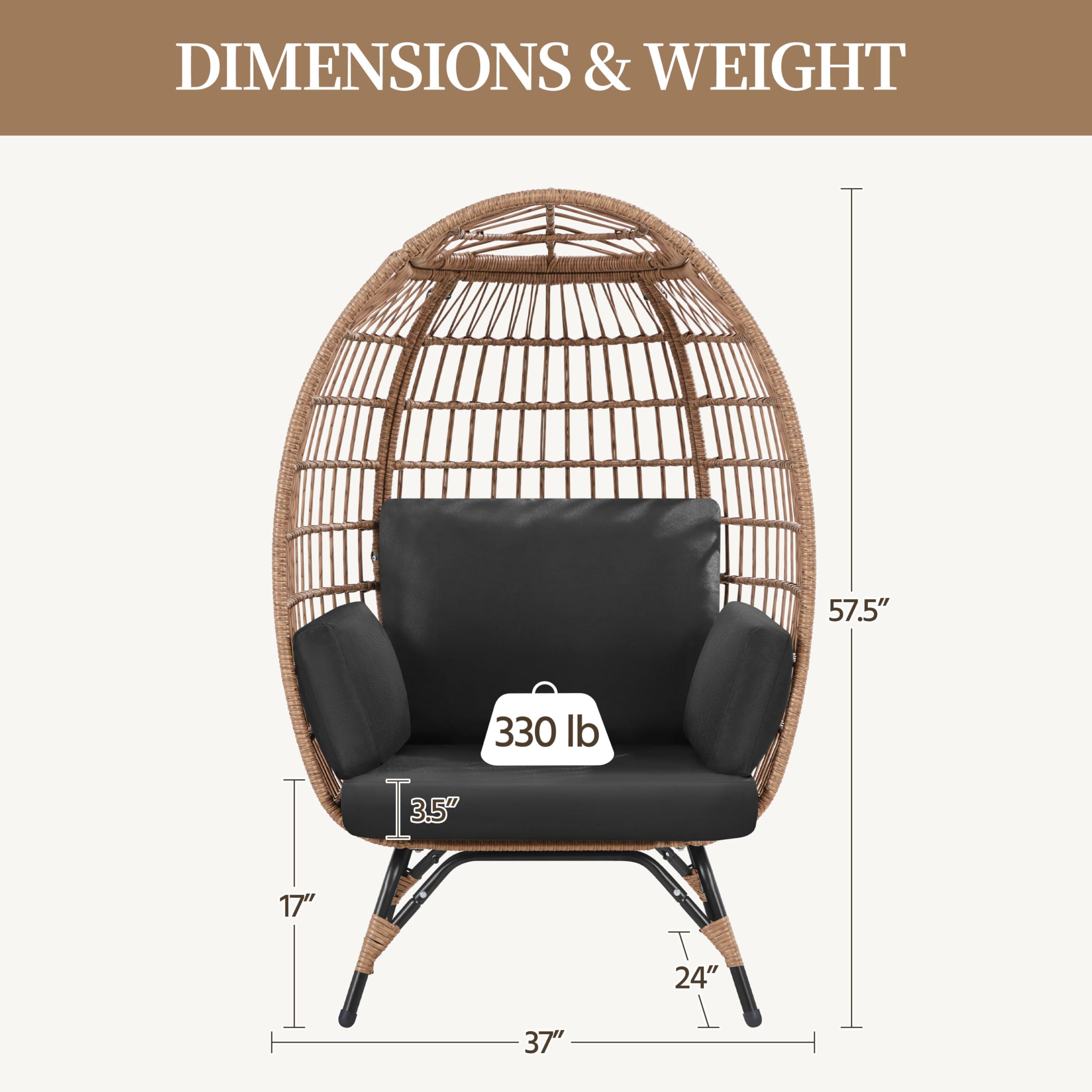 Yaheetech Oversized Egg Rattan Chair - Indoor/Outdoor PE Wicker Hanging Basket Lounger with 4 Cushions & Metal Stand for Patio, Balcony, Backyard, Living Room - Light Brown/Black - Perfect for Relaxing, Reading & Sunbathing