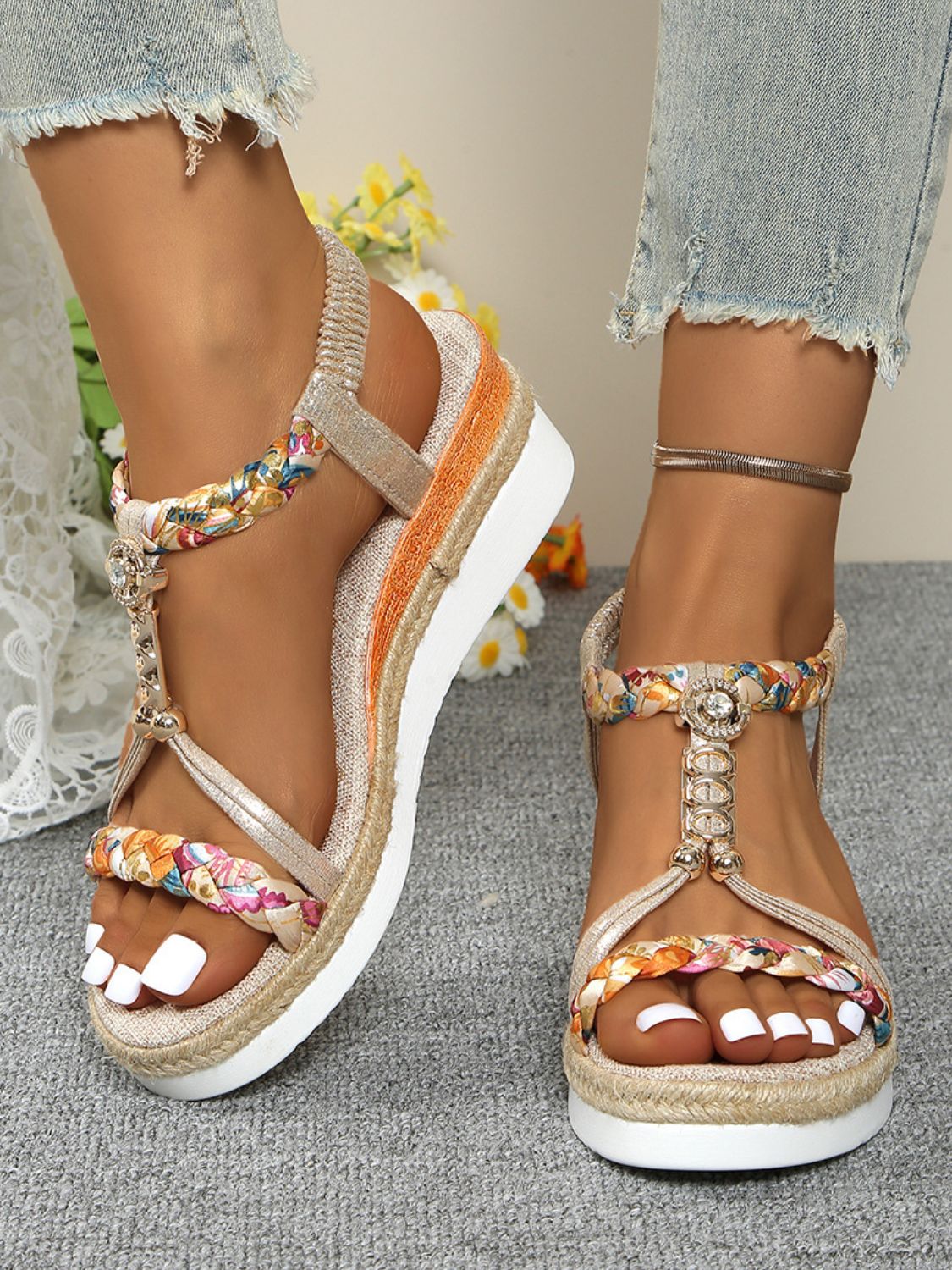 Women's Contrast Woven Wedge Sandals - Comfortable Summer Beach Shoes for Walking, Travel & Outdoor Activities