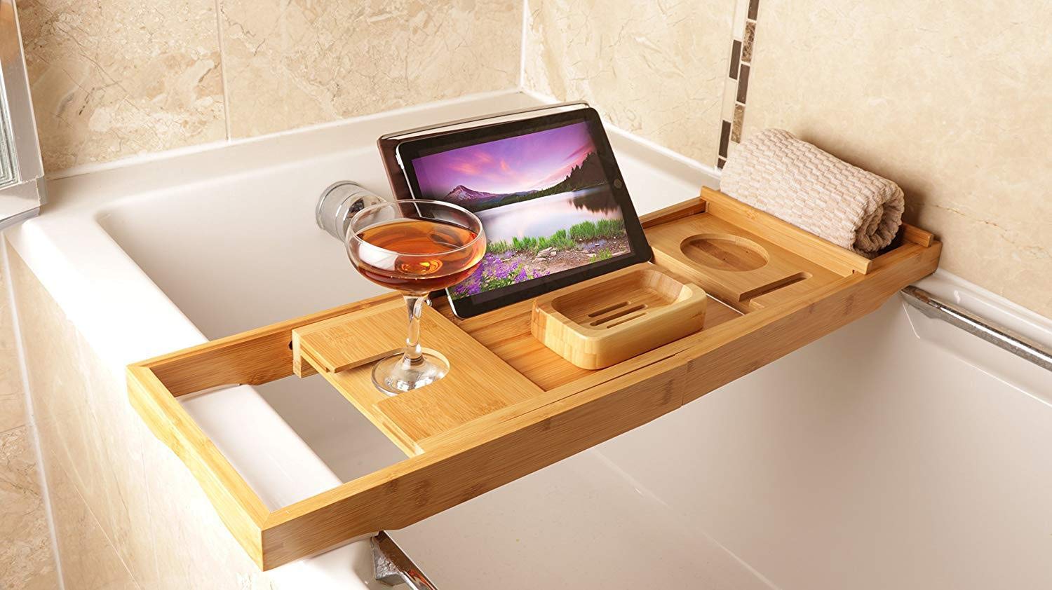 Large Bamboo Bathtub Tray - Bathtub Caddy & Bed Desk for Relaxation