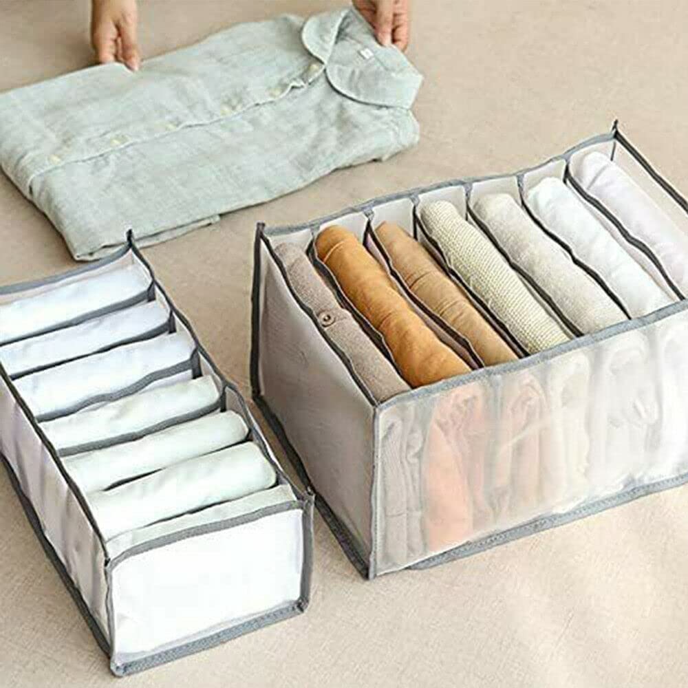 ANCOKKI 7-Grid Wardrobe Clothes Organizer Drawers - Storage Box for Jeans, Leggings, T-Shirts & Skirts - 2 Pack (Grey) - Perfect for Closet, Bedroom & Dorm Organization