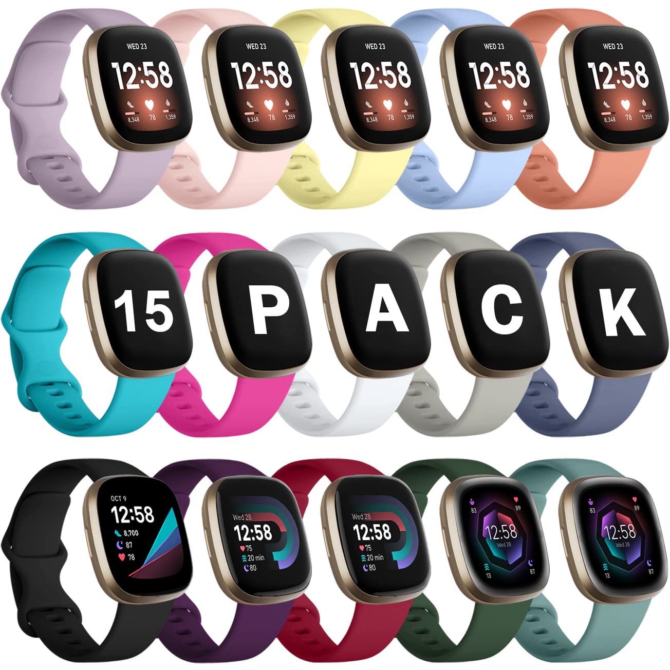 **GEAK Compatible Fitbit Versa 4/3 & Sense 2/Sense Bands - Soft Sport Waterproof Replacement Watch Strap for Women & Men (Small/Large, 15-Pack) - Ideal for Workouts, Running & Daily Wear**