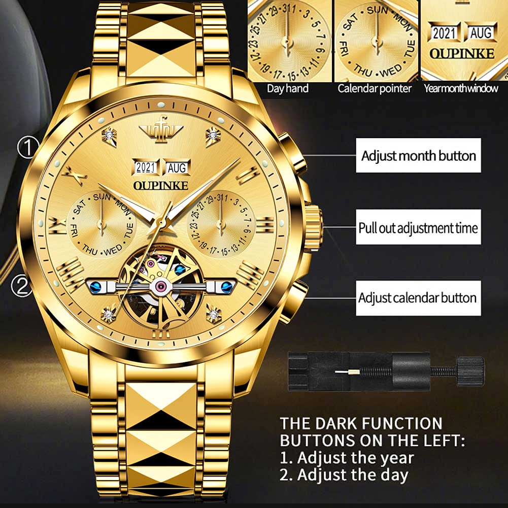OUPINKE Men's Automatic Skeleton Watch - Self-Winding Mechanical Watch with Sapphire Crystal, 50M Waterproof & Tungsten Steel Case - Perfect for Business, Formal Events & Everyday Wear