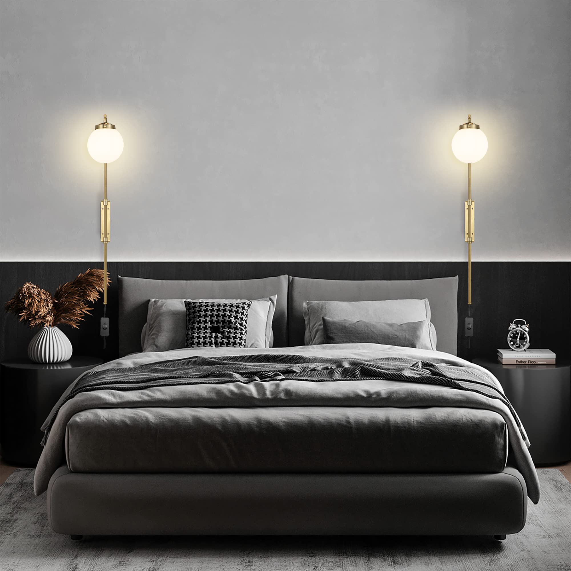 Gold Wall Sconces Set of 2 with Globe Shade - Modern Plug-in Wall Lamps with Switch & Adjustable Angle - Perfect for Bedroom, Living Room, Study, Hallway & Bedside Lighting