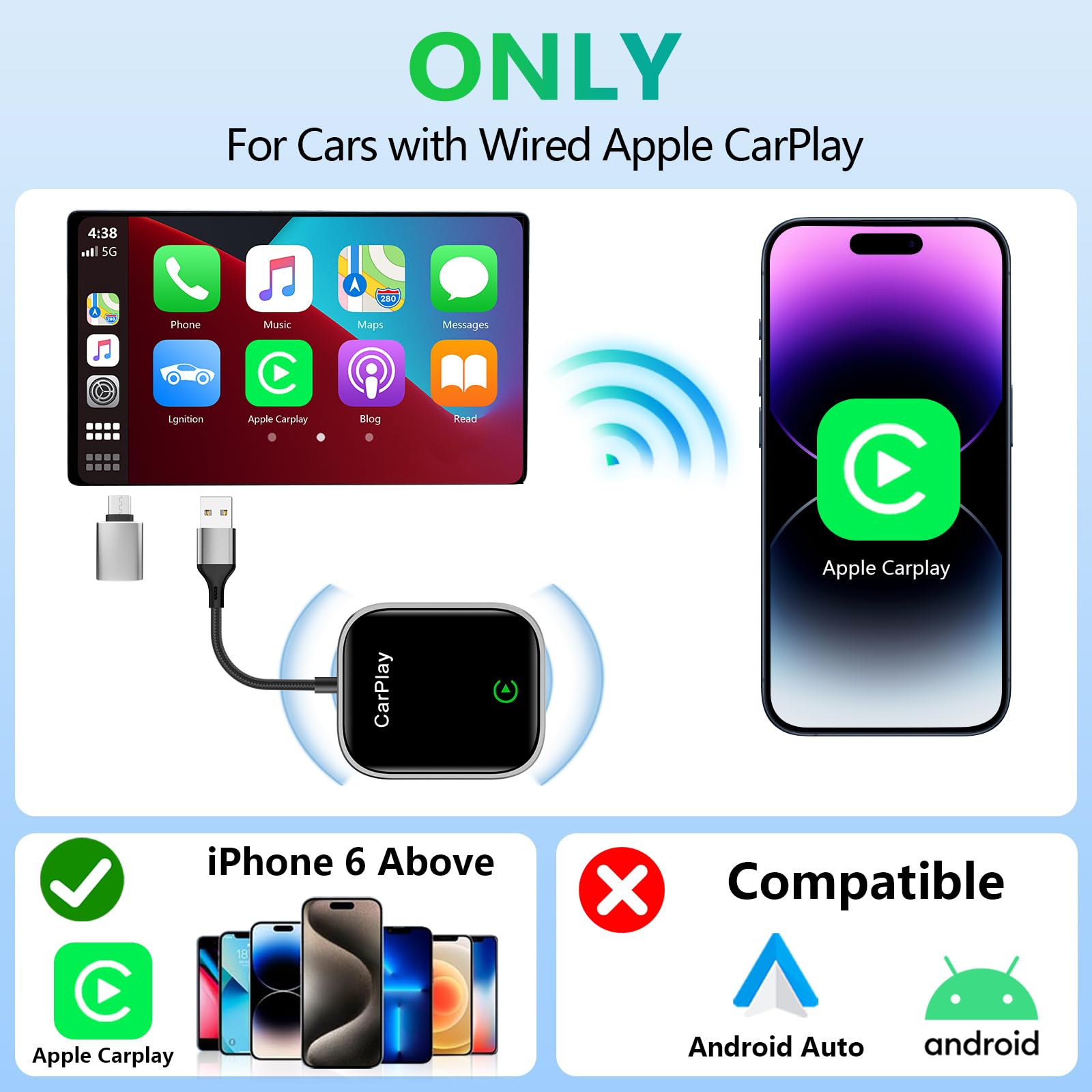 Wireless CarPlay Adapter for iPhone - Convert Wired to Wireless CarPlay Dongle for Apple, Mini Size, Compatible with Cars with Built-in CarPlay, Stable & Fast Connection - Perfect for Commuting, Road Trips & Hands-Free Driving