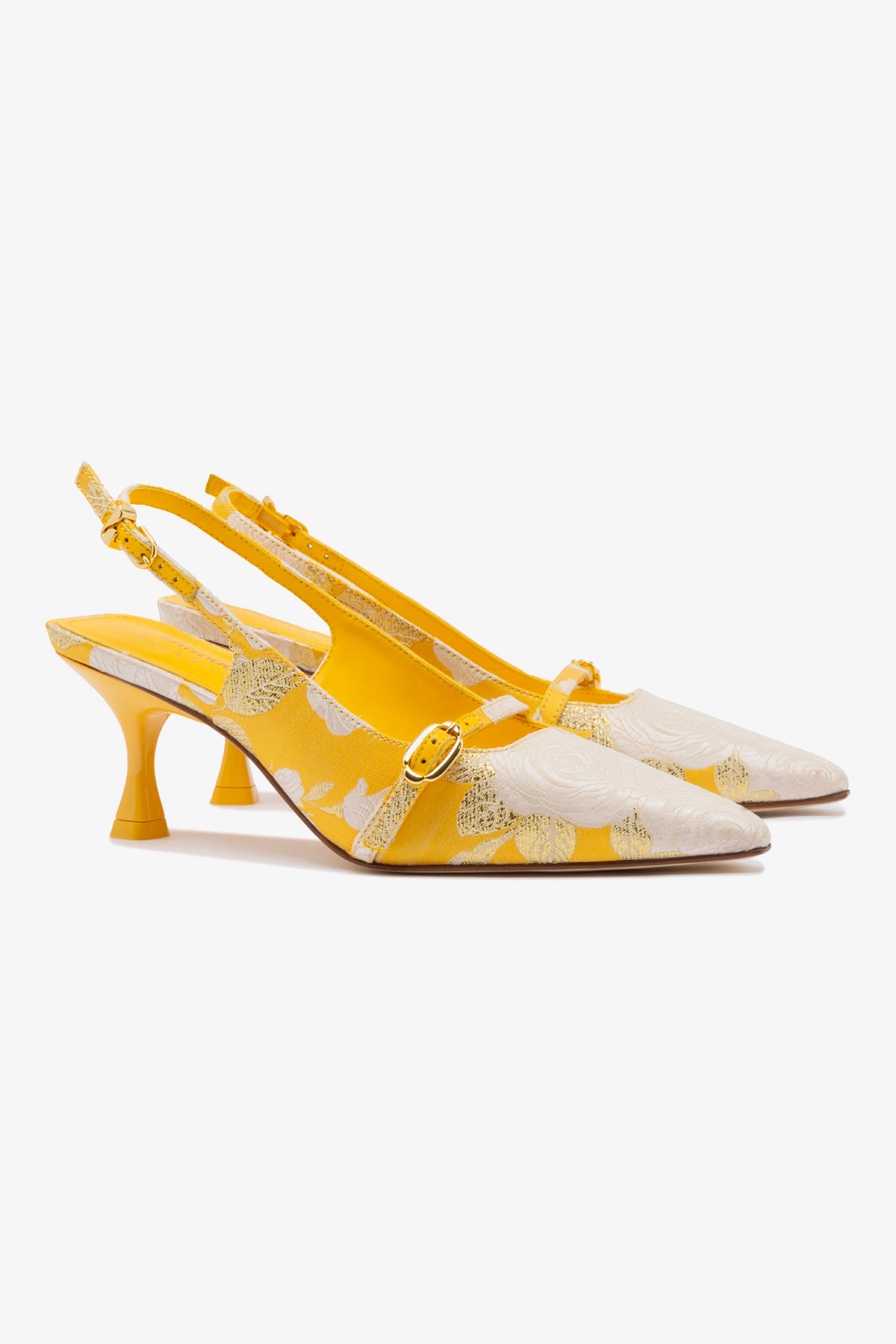 Larroudé x Markarian Ines Pump - Yellow Floral Brocade Heels for Women | Elegant Wedding, Party & Special Occasion Shoes