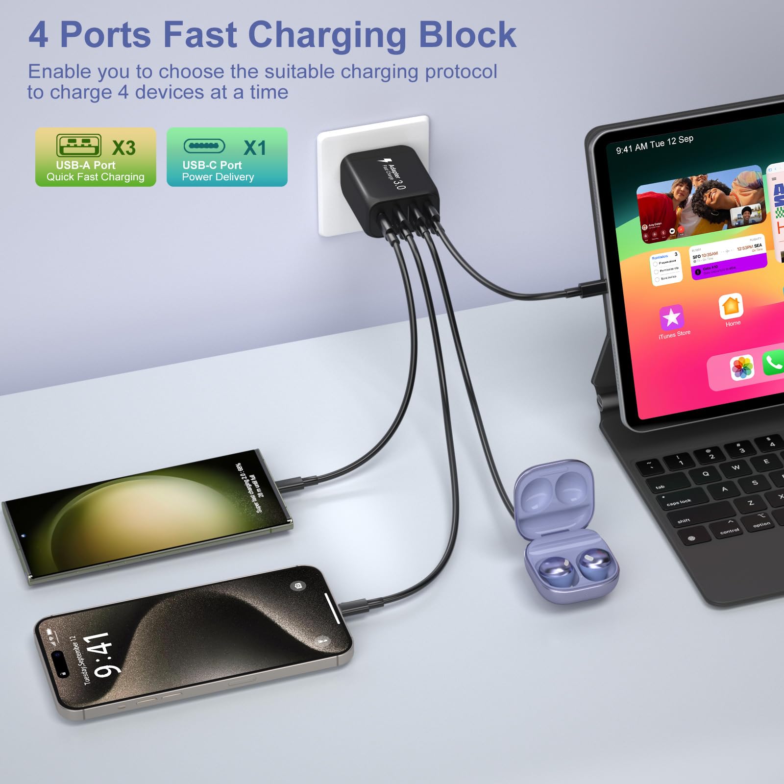 65W USB C Car Charger with 4 Ports - PD/QC 3.0 Fast Charging Adapter for iPhone 15/14/13/12/11, Samsung Galaxy, Google Pixel & Android Phones - Perfect for Road Trips & Daily Commutes