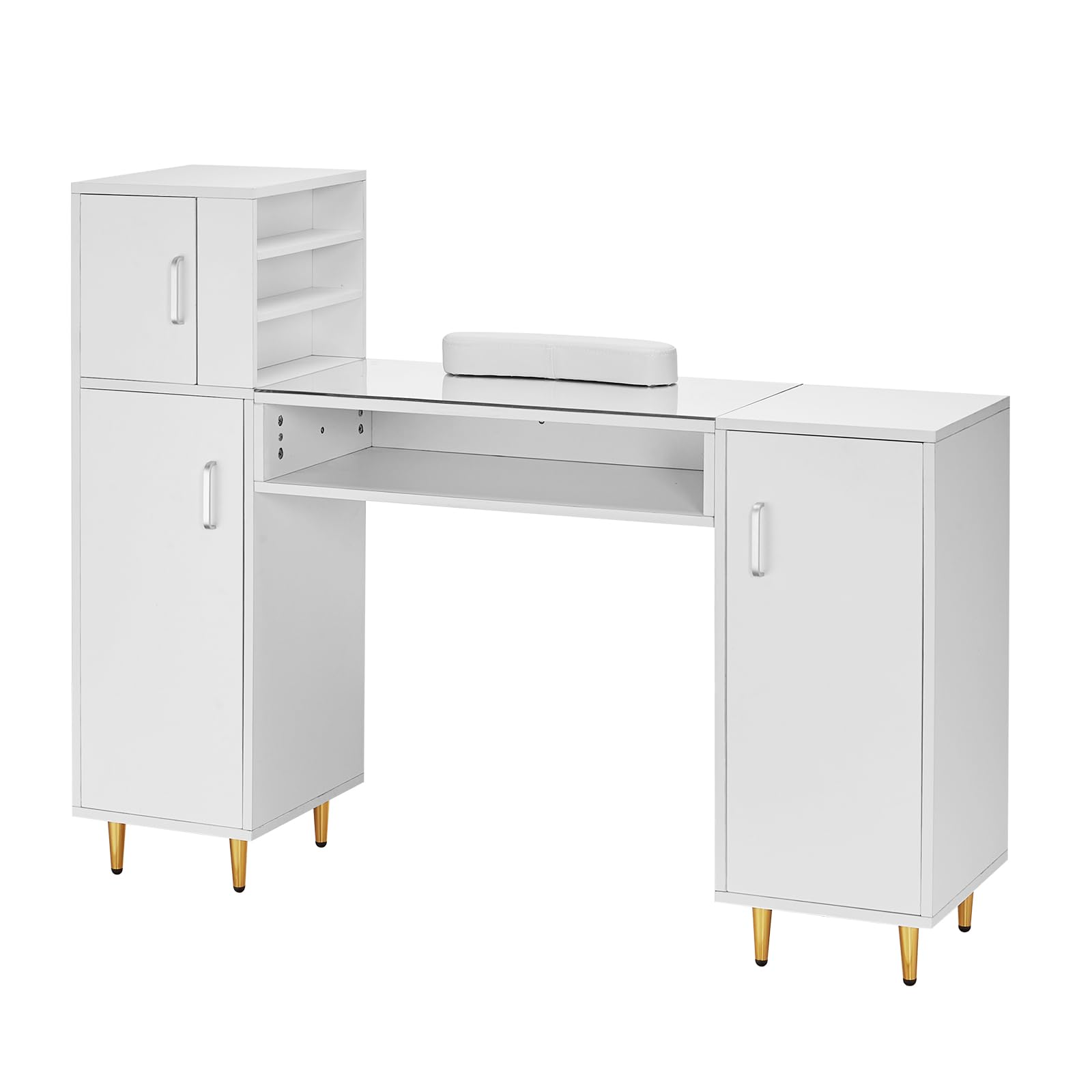 VEVOR Professional Manicure Table with Glass Top & Storage Cabinets - Acetone-Resistant Nail Tech Desk for Salon & Spa - Includes Wrist Rest & 8 Metal Legs (White) - Perfect for Nail Artists, Beauty Technicians & Home Salon Setup