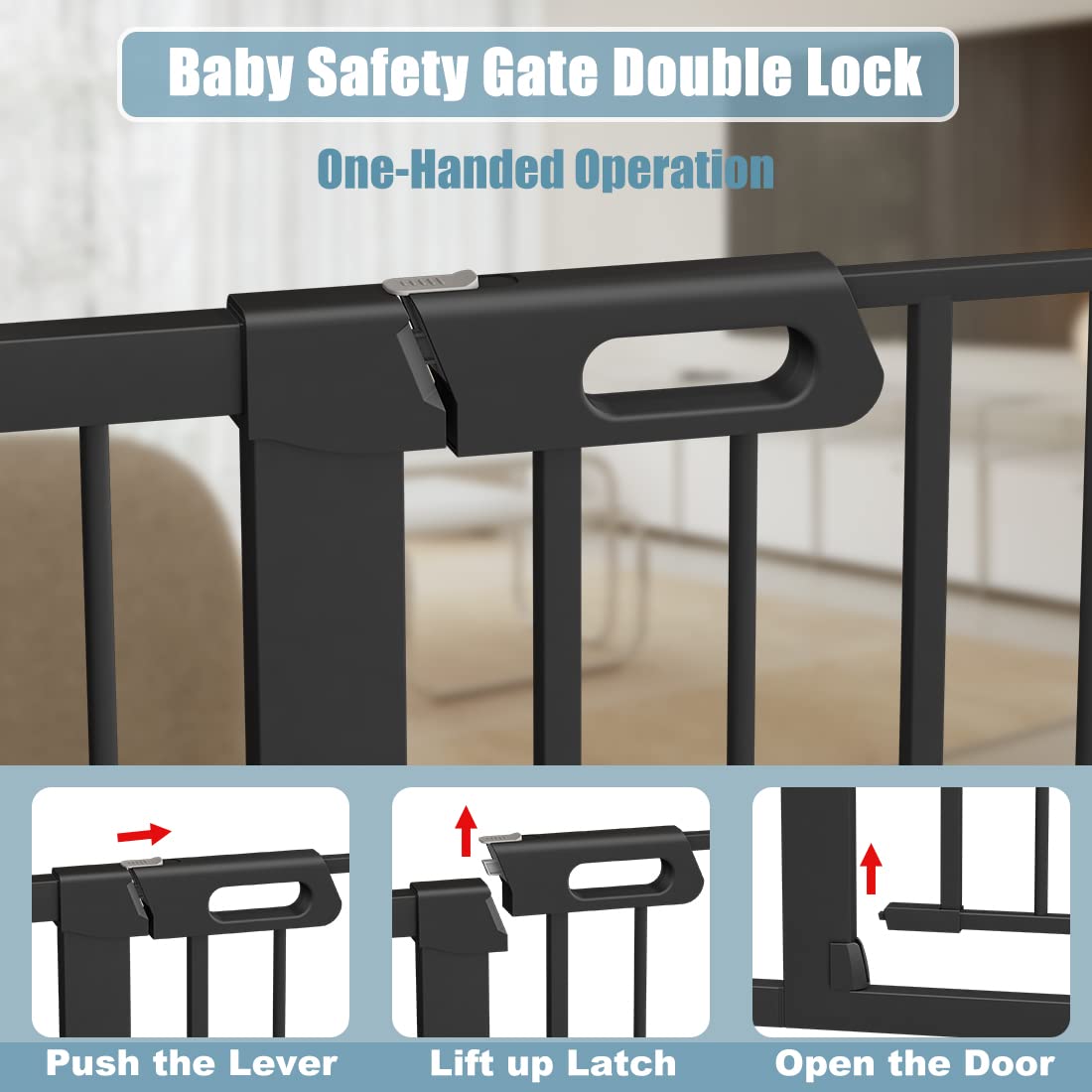**24-26.5 Inch Adjustable Baby & Pet Gate with Cat Door - Pressure Mounted No-Drill Safety Gate for Stairs & Doorways (Black) - Perfect for Homes with Kids, Dogs & Cats**