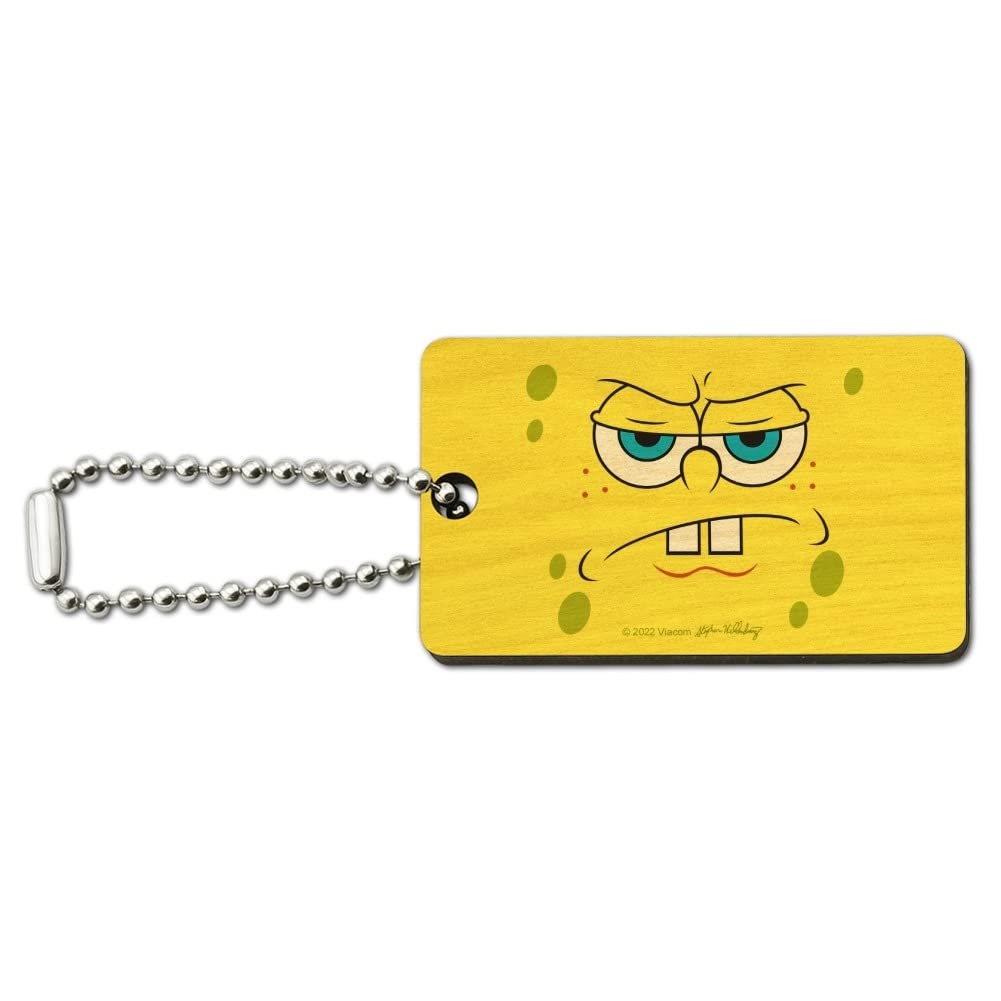 Spongebob Angry Face Wooden Rectangle Keychain - Durable Wood Key Ring for Backpacks, Gifts & Everyday Use | Cartoon Character Accessories for Fans