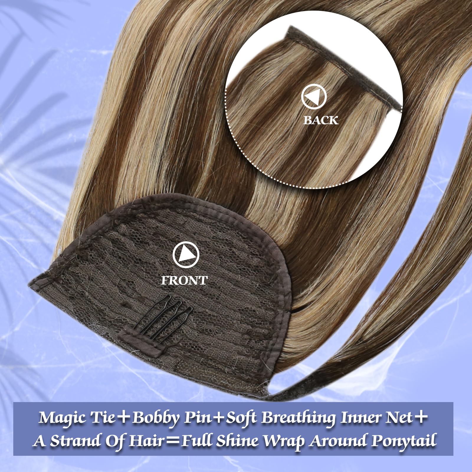 Full Shine 22 Inch Human Hair Ponytail Clip Ins - Medium Brown with Honey Blonde Highlights | 80g Real Human Hair Extensions for Women | Perfect for Parties, Weddings & Daily Styling