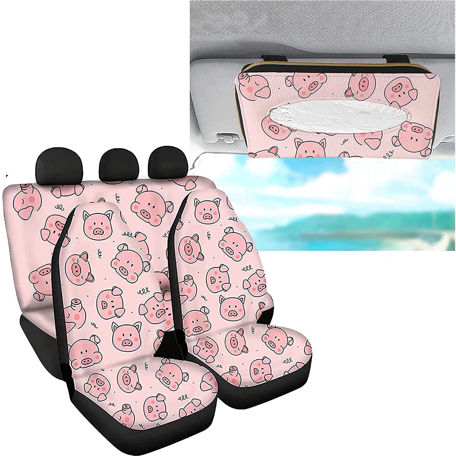 GIFTPUZZ Car Seat Covers Set - Breathable PU Leather Front & Rear Seat Protectors with Pink Pig Print - Includes Car Wipes Case & Visor Holder - Perfect for Family Cars, SUVs, and Long Road Trips