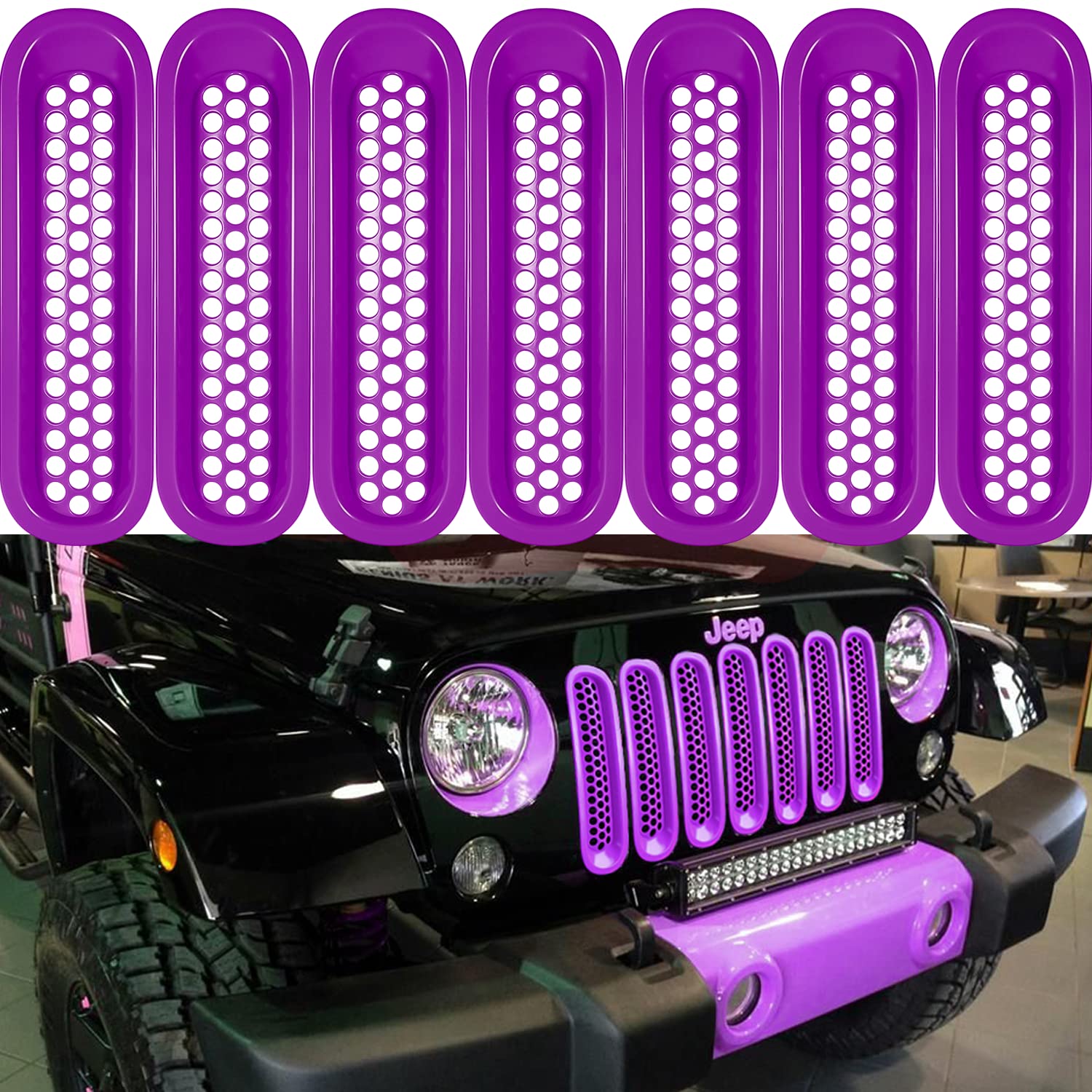 Camoo 7-Piece Purple Front Grill Inserts & Grille Guard for 2007-2017 Jeep Wrangler JK JKU Unlimited Rubicon Sahara - Durable Off-Road Protection & Custom Style Upgrade