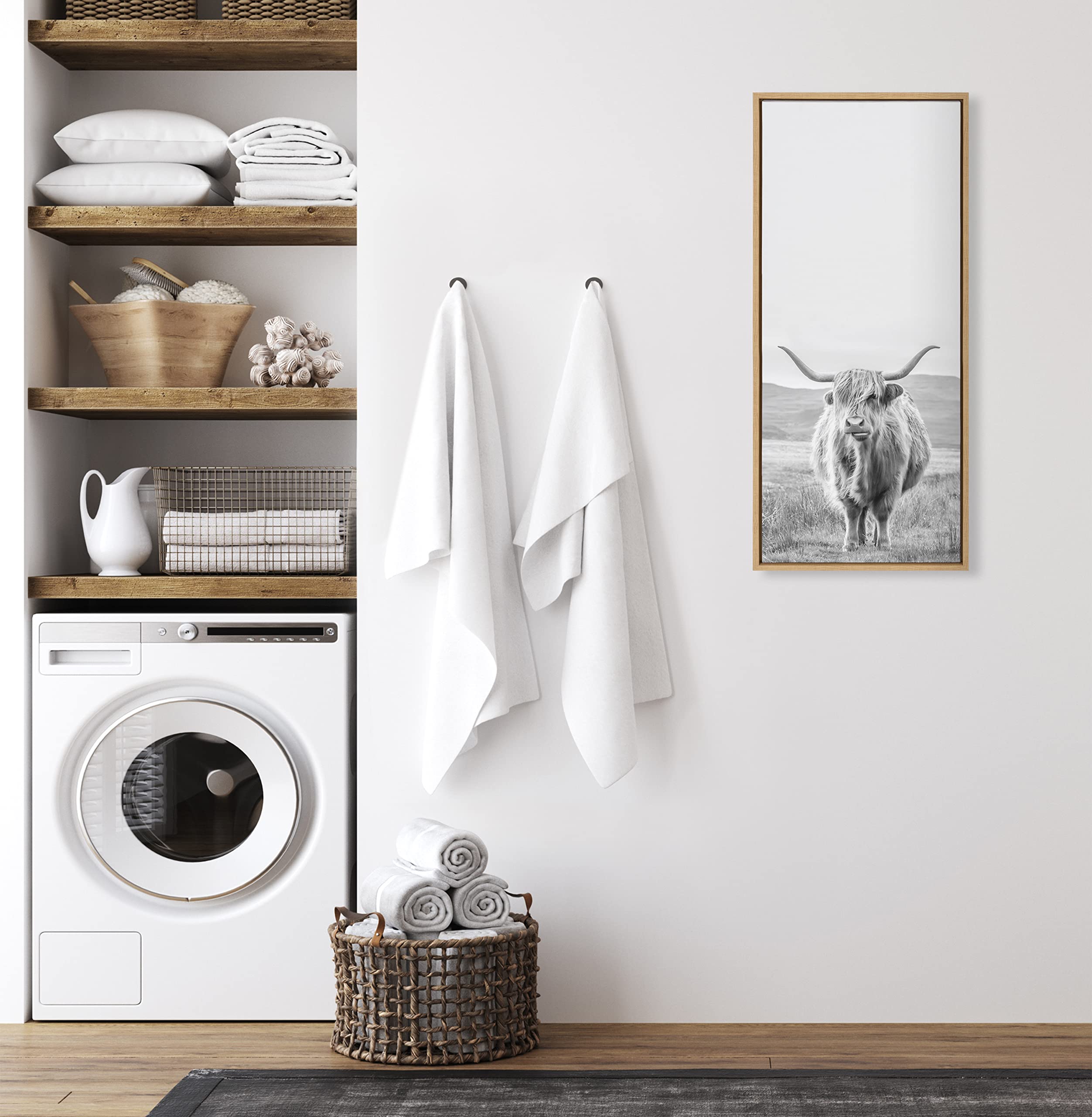 Highland Cow Mountain Landscape Black & White Framed Canvas Wall Art - 18x40 Inch Farmhouse Decor for Living Room, Bedroom & Office | Kate and Laurel Sylvie by The Creative Bunch Studio
