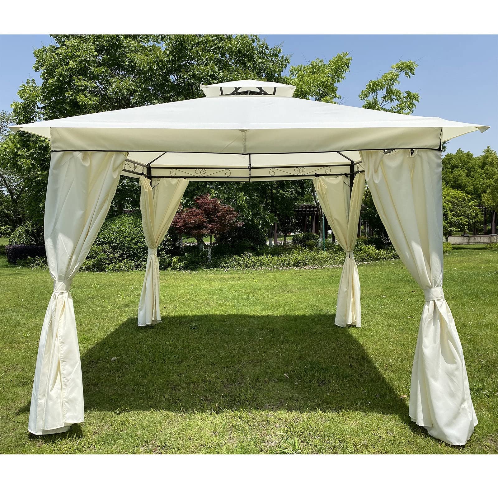 10x10 FT Outdoor Patio Garden Gazebo Tent with Canopy & Curtains - Beige & Dark Shade for Backyard, Deck, or Poolside Relaxation