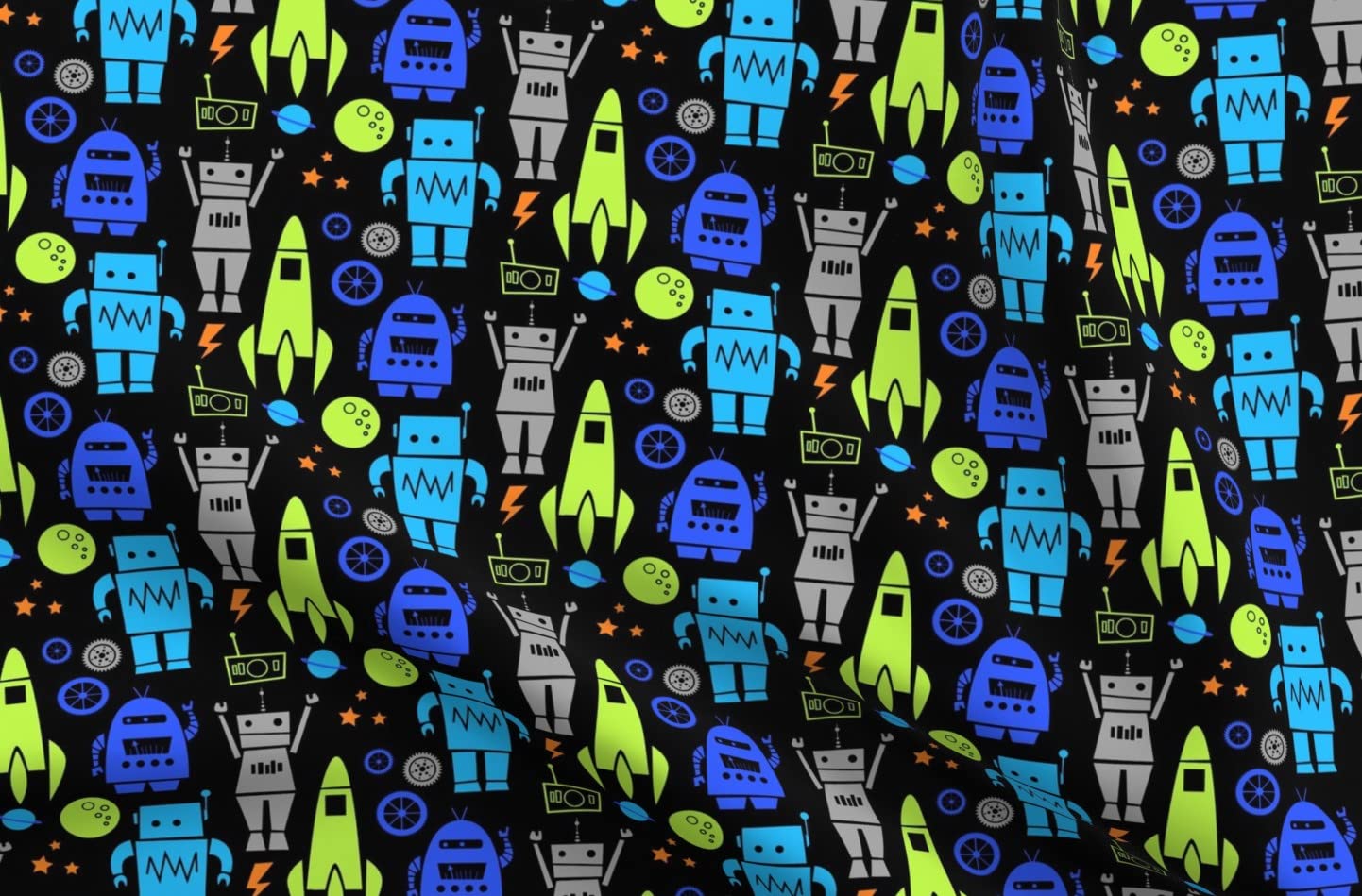 Robots Lime Space Boys Stars Planets Printed Velvet Fabric by The Yard - Spoonflower Upholstery & Apparel Material for Home Decor, DIY Projects, and Fashion Design