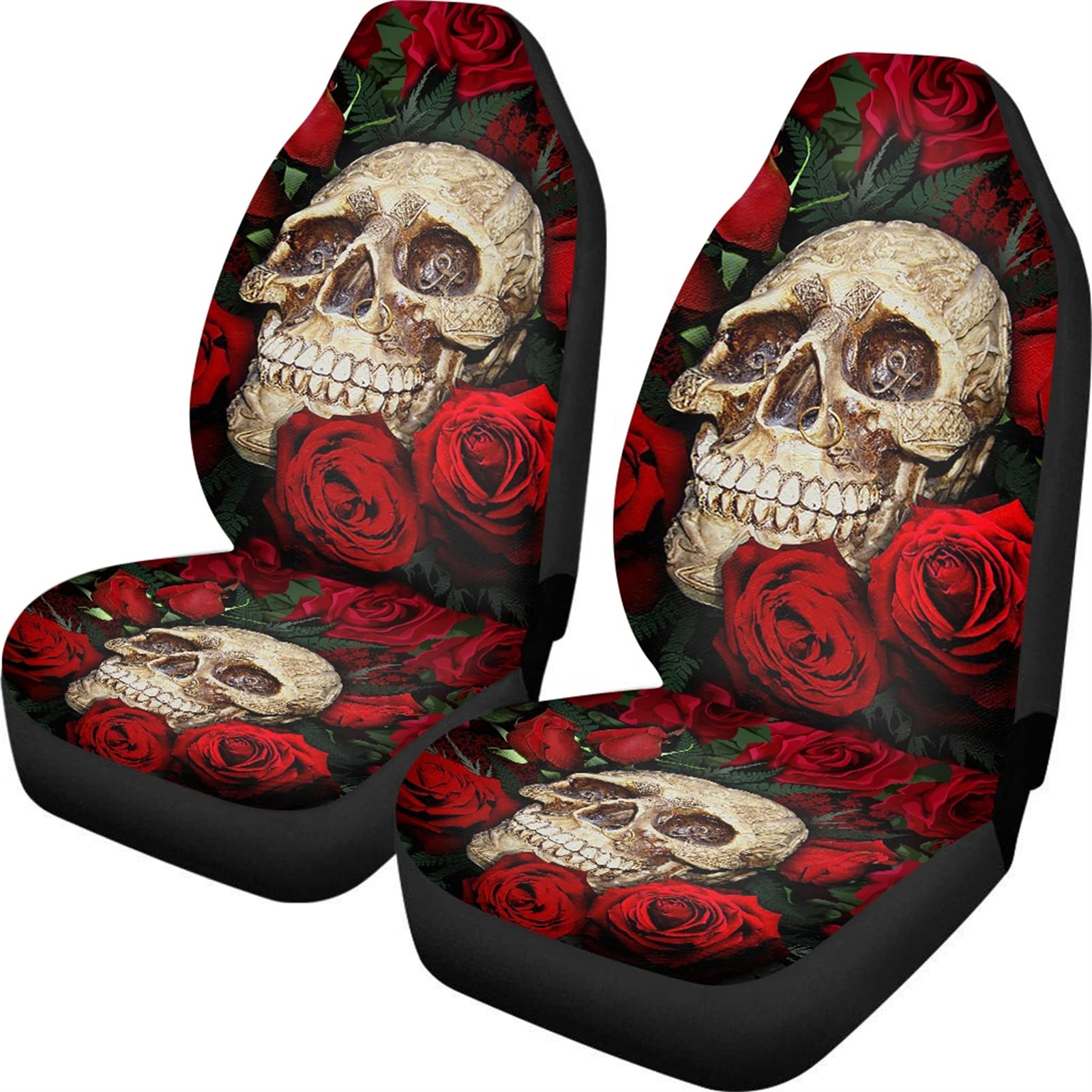 INSTANTARTS Skull & Red Rose Print Car Seat Covers (Set of 2) - Stretchy High Back Bucket Seat Protectors with Day of The Dead Skeleton Design - Perfect for Halloween Decor, Gothic Car Accessories & Unique Vehicle Interior Styling