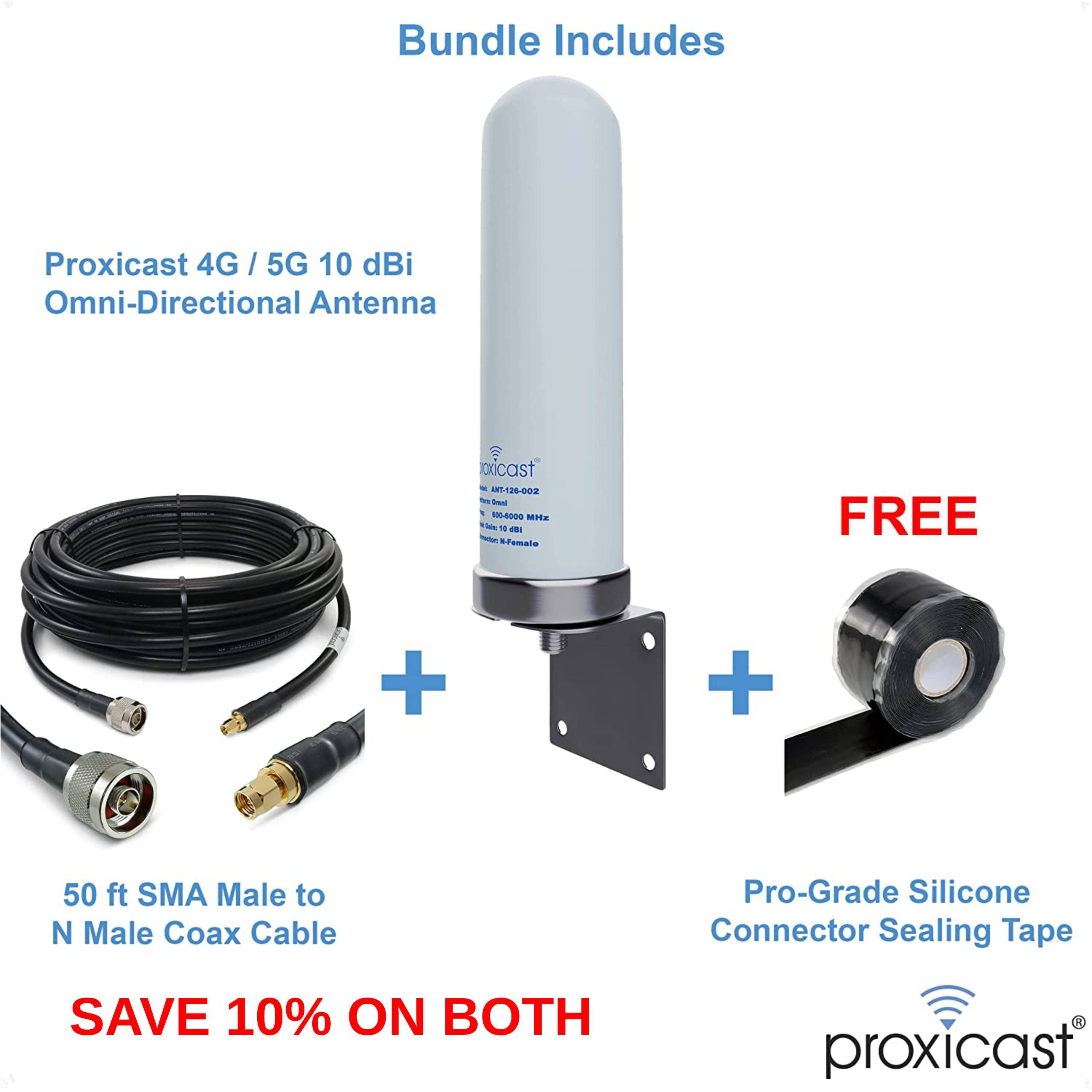 Proxicast 10 dBi High-Gain 4G/5G/WiFi Omni-Directional Antenna with 50ft Professional Coaxial Cable & Mounting Tape Kit (ANT-126-002-BDL-50) - Boost Cellular Signal for Home, Office, RV & Outdoor Use