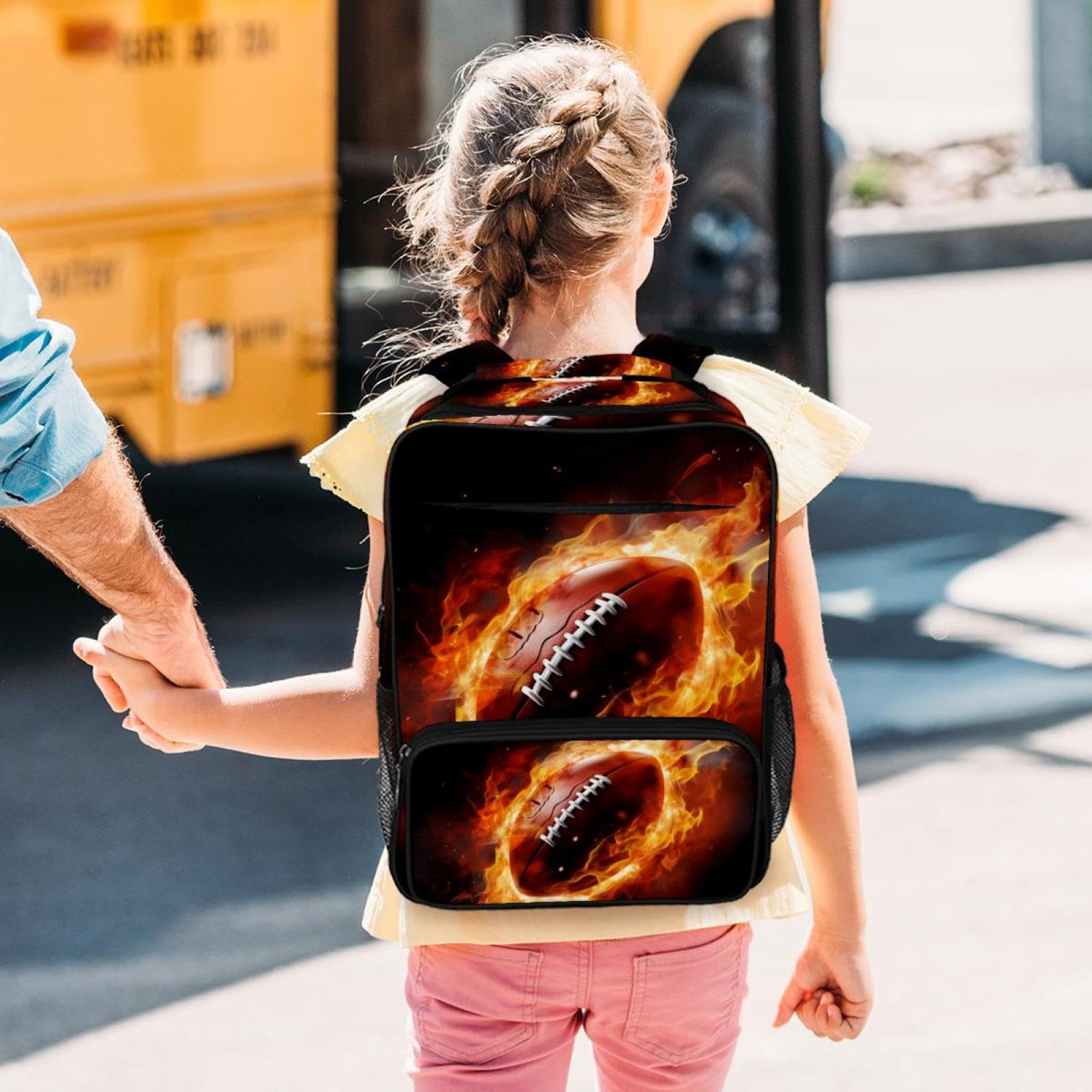 Stylish Travel Backpacks for Women & Men - Durable American Football Design with Flame Pattern - Perfect for College, Hiking, Work & Gym Use