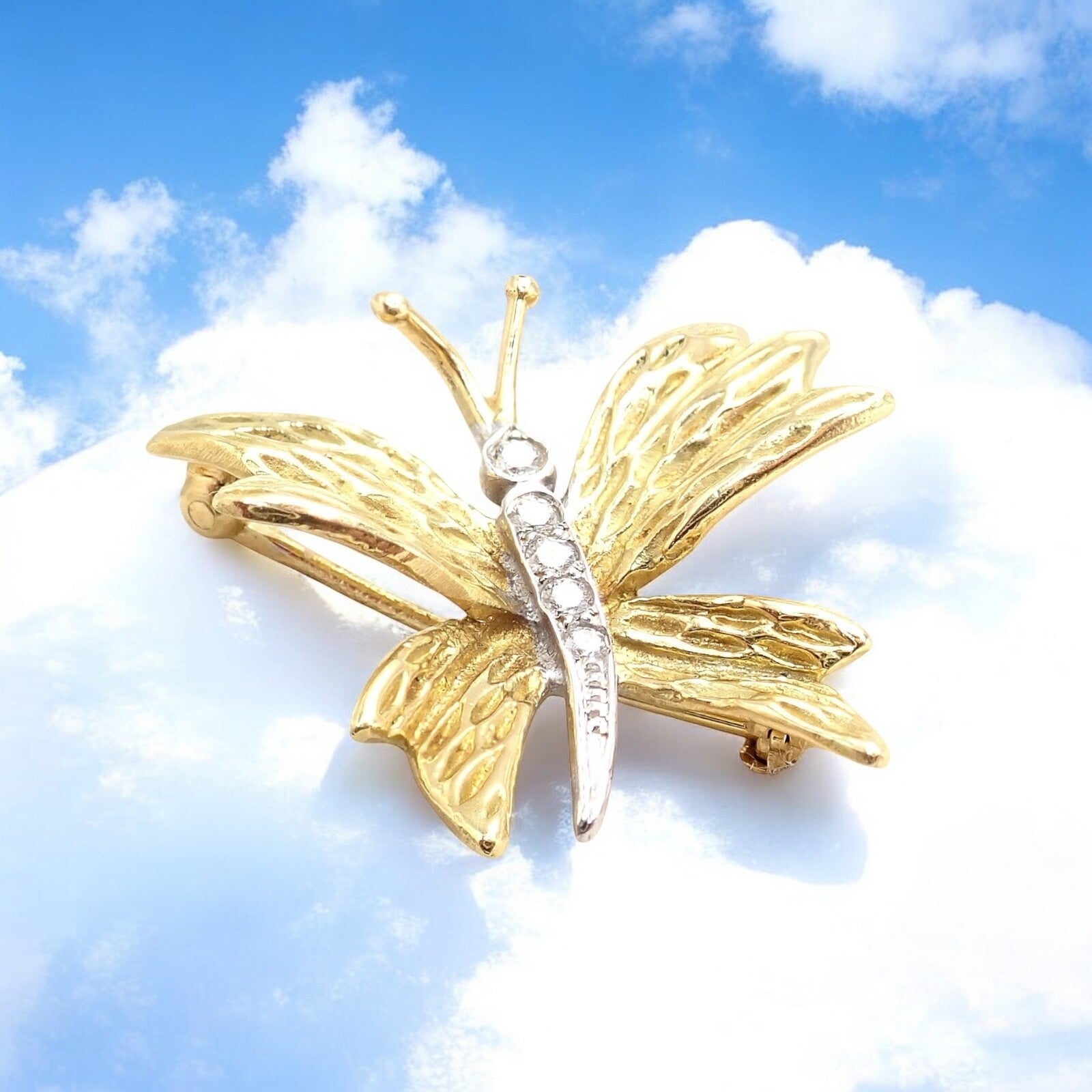 Authentic Tiffany & Co 18k Yellow Gold Platinum Butterfly Diamond Pin Brooch - Elegant Jewelry Gift for Women, Perfect for Weddings, Anniversaries & Special Occasions