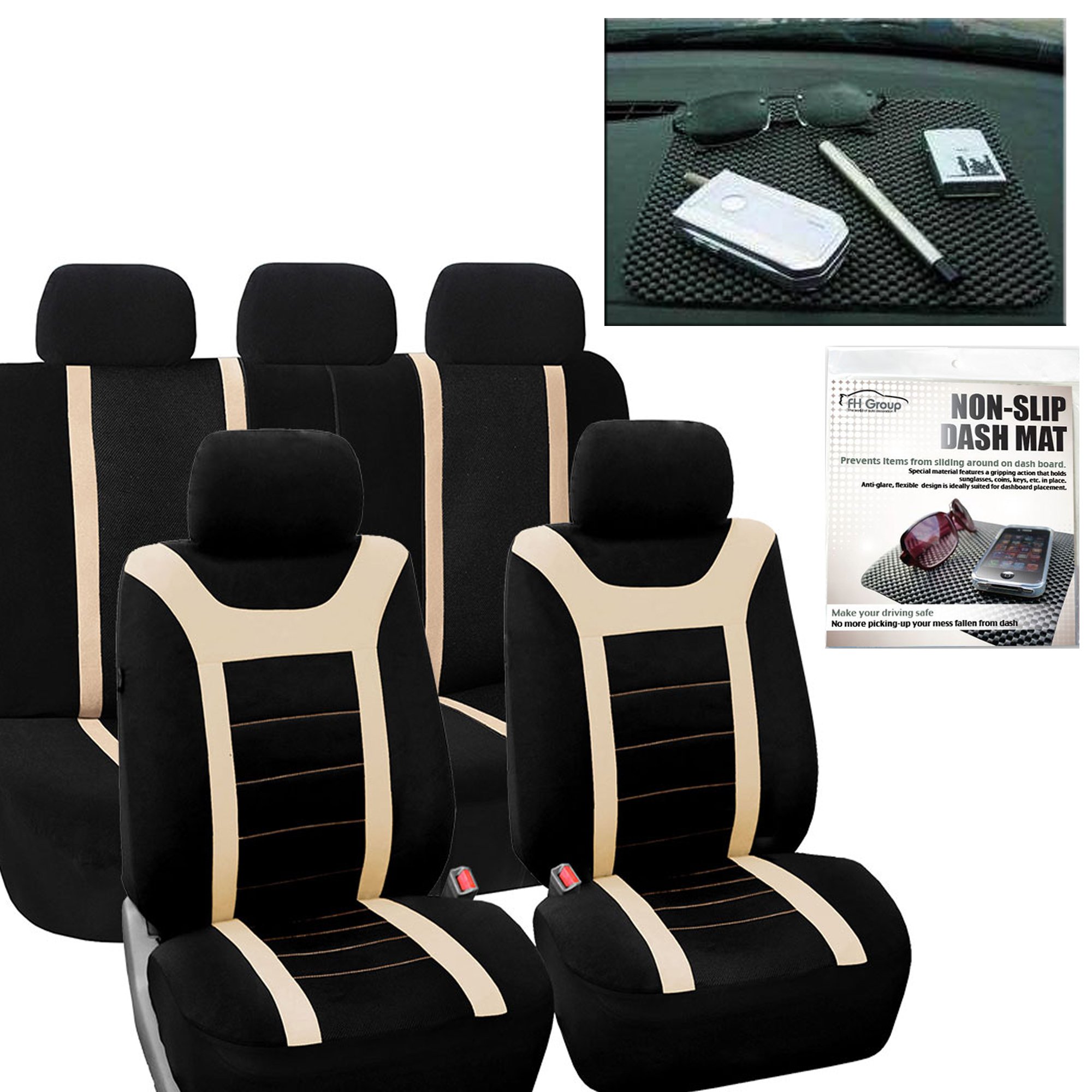 FH Group Automotive Seat Covers - Non-Slip Dash Grip Pad & Full Beige Set for Cars, Vans, Trucks & SUVs | Premium Car Accessories Combo with Airbag Compatibility & Split Rear Design | Perfect for Daily Commute, Road Trips & Family Travel