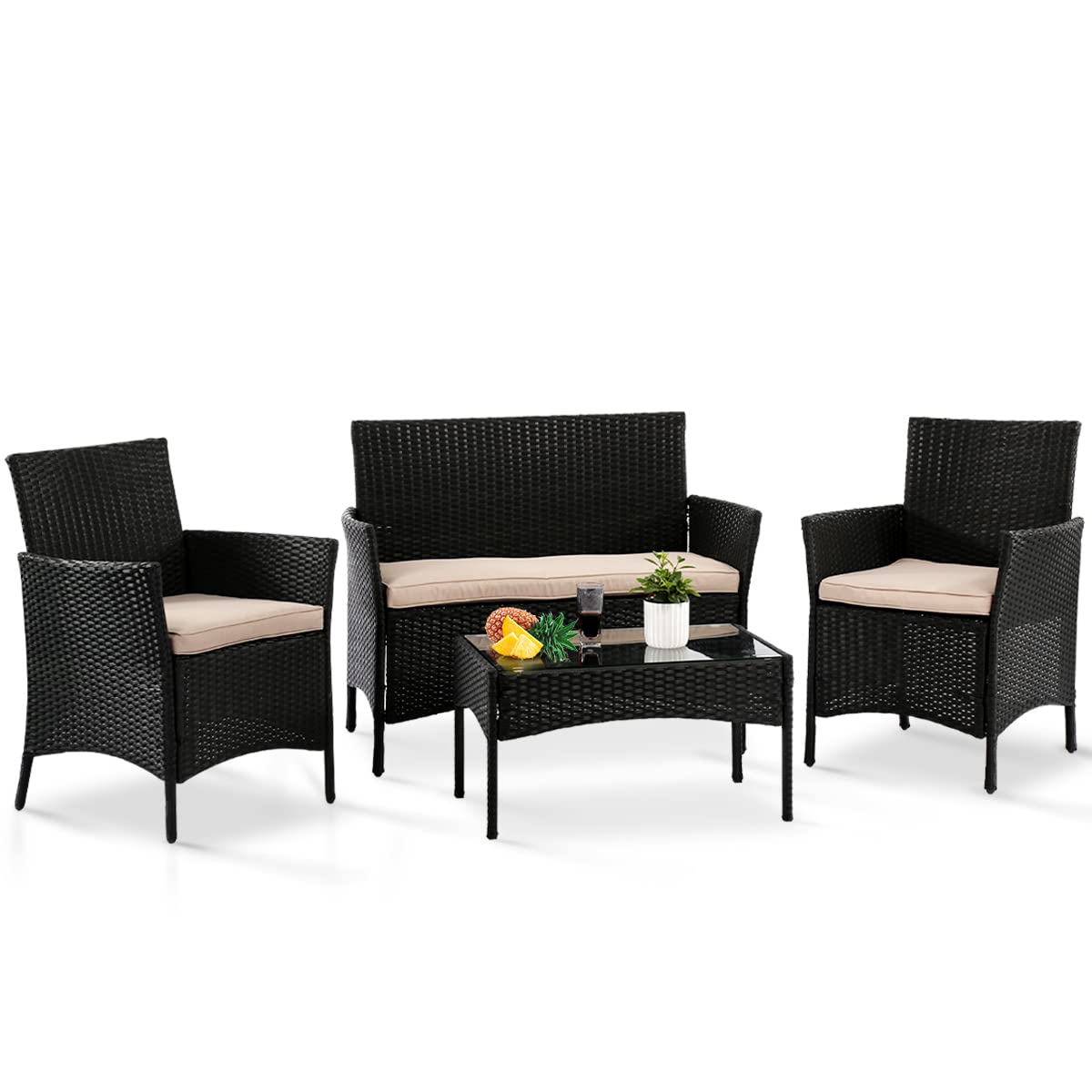 4-Piece Outdoor Patio Furniture Set - Black Wicker Bistro Chairs with Thickened Cushions & Glass Table - Modern Rattan Conversation Set for Backyard, Porch, Poolside, Lawn or Garden - Perfect for Relaxing, Dining & Entertaining Outdoors