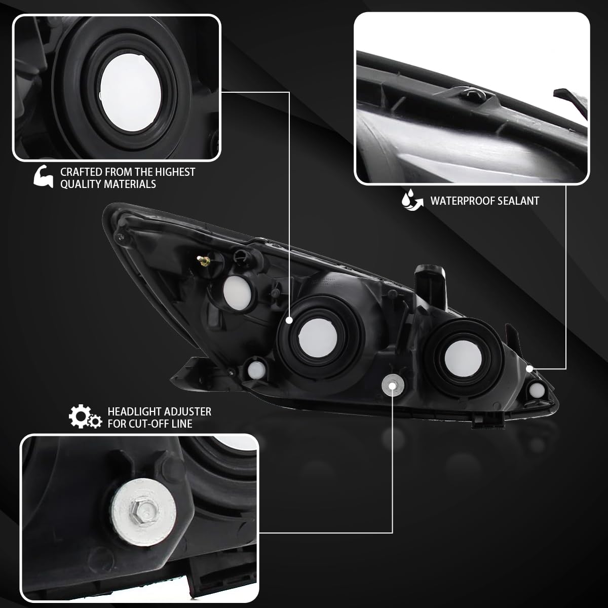 AUTOZENSATION Black Headlights Pair Compatible with 2002-2004 Toyota Camry - Left & Right Replacement Lamps for Night Driving & Foggy Conditions