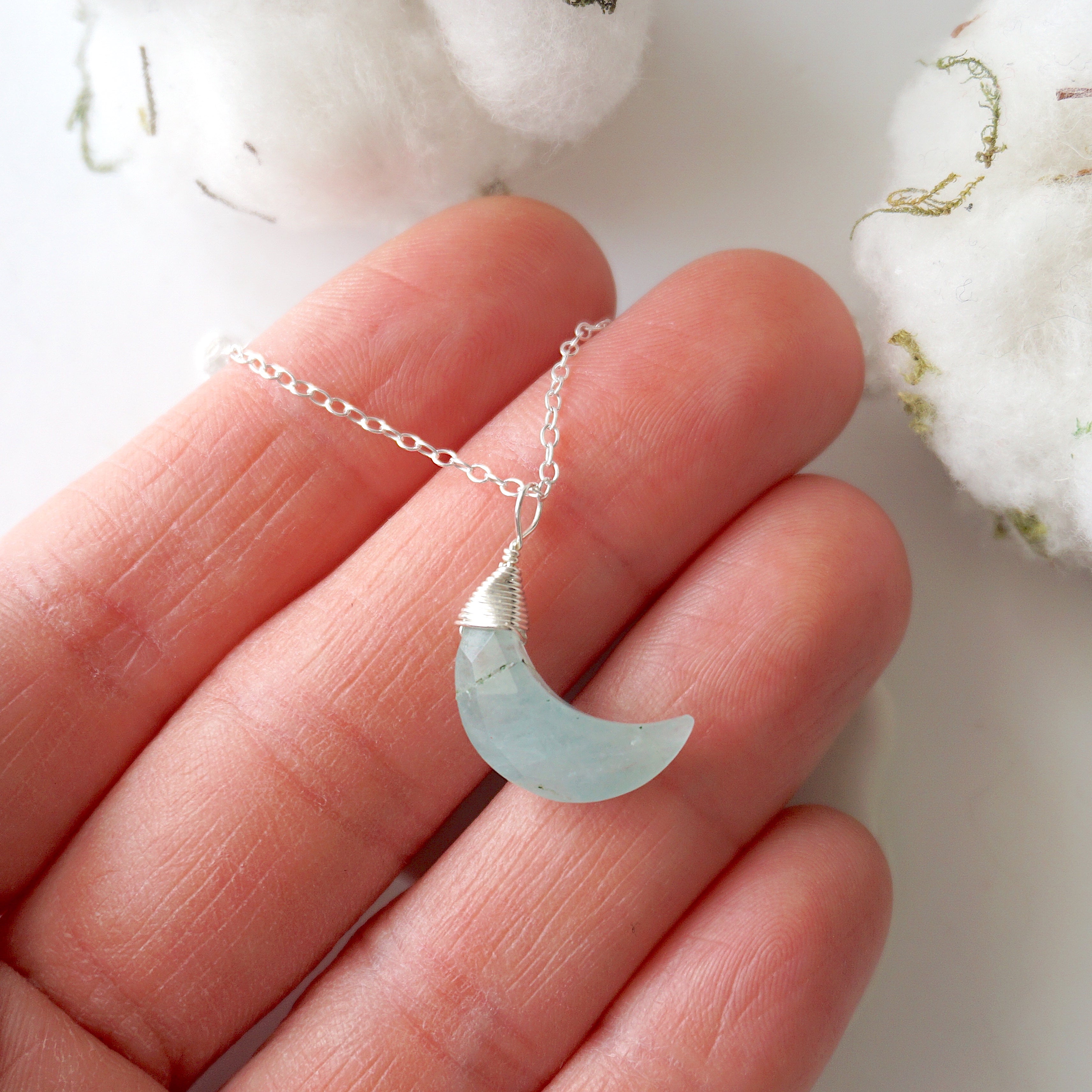 Aquamarine Necklace - Moon Charm Pendant in Sterling Silver for Women | Elegant Jewelry Gift for Birthday, Anniversary & Special Occasions