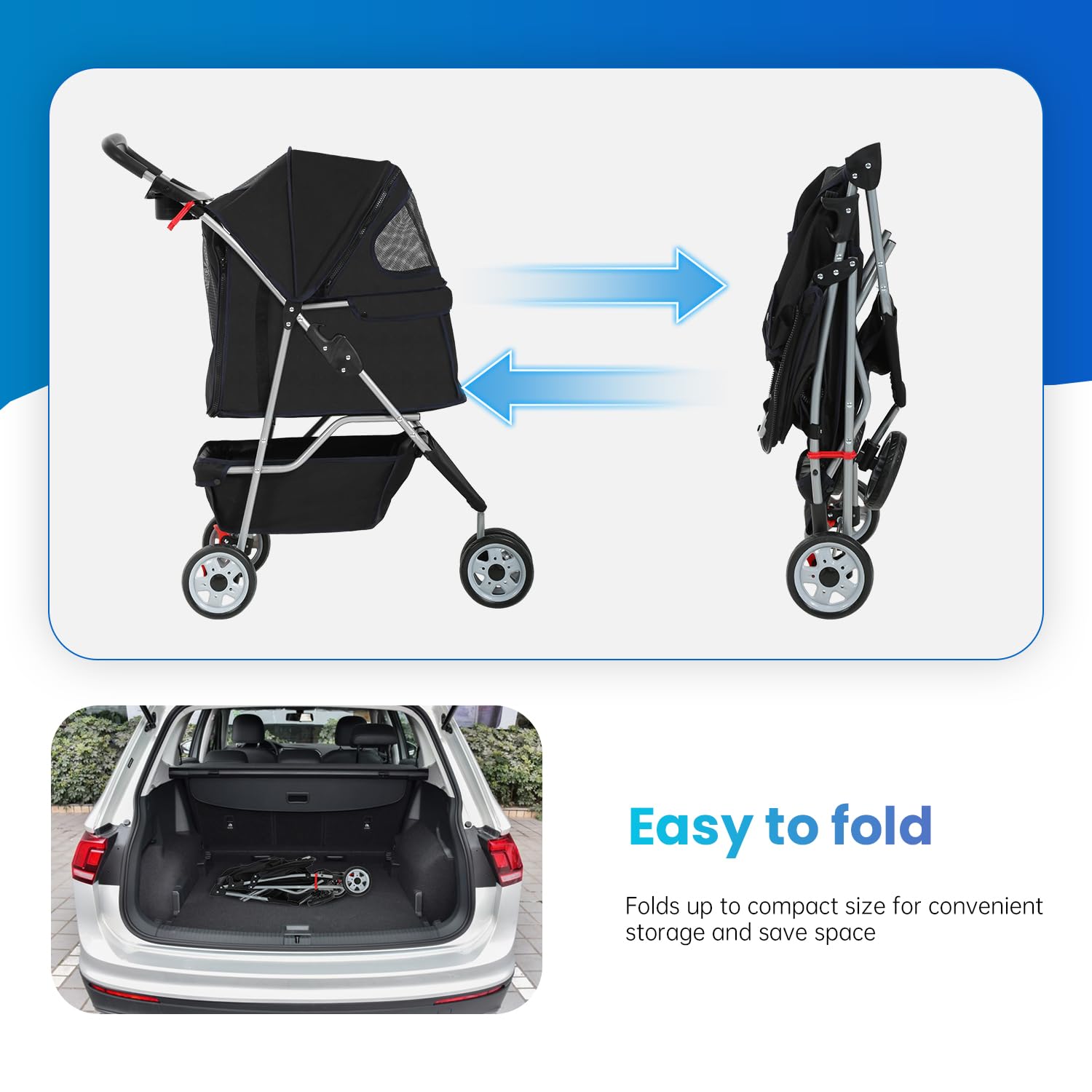 Furniture of America Buddy 3-Wheel Waterproof Folding Pet Stroller with Cup Holder & Mesh Window - Lightweight Travel Carrier for Dogs & Cats - Perfect for Park Walks, Shopping Trips & Outdoor Adventures (Black)