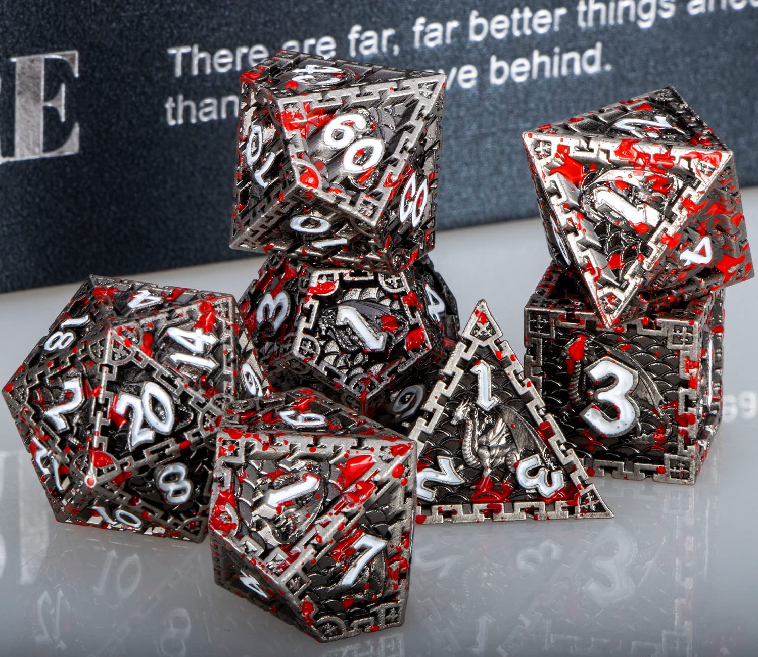 Premium Handmade Metal D&D Dice Set - Dragon Design Blood Red Polyhedral Dice (D20, D12, D10, D8, D6, D4) with Gift Box for Dungeons & Dragons RPG, Tabletop Gaming & Collectors