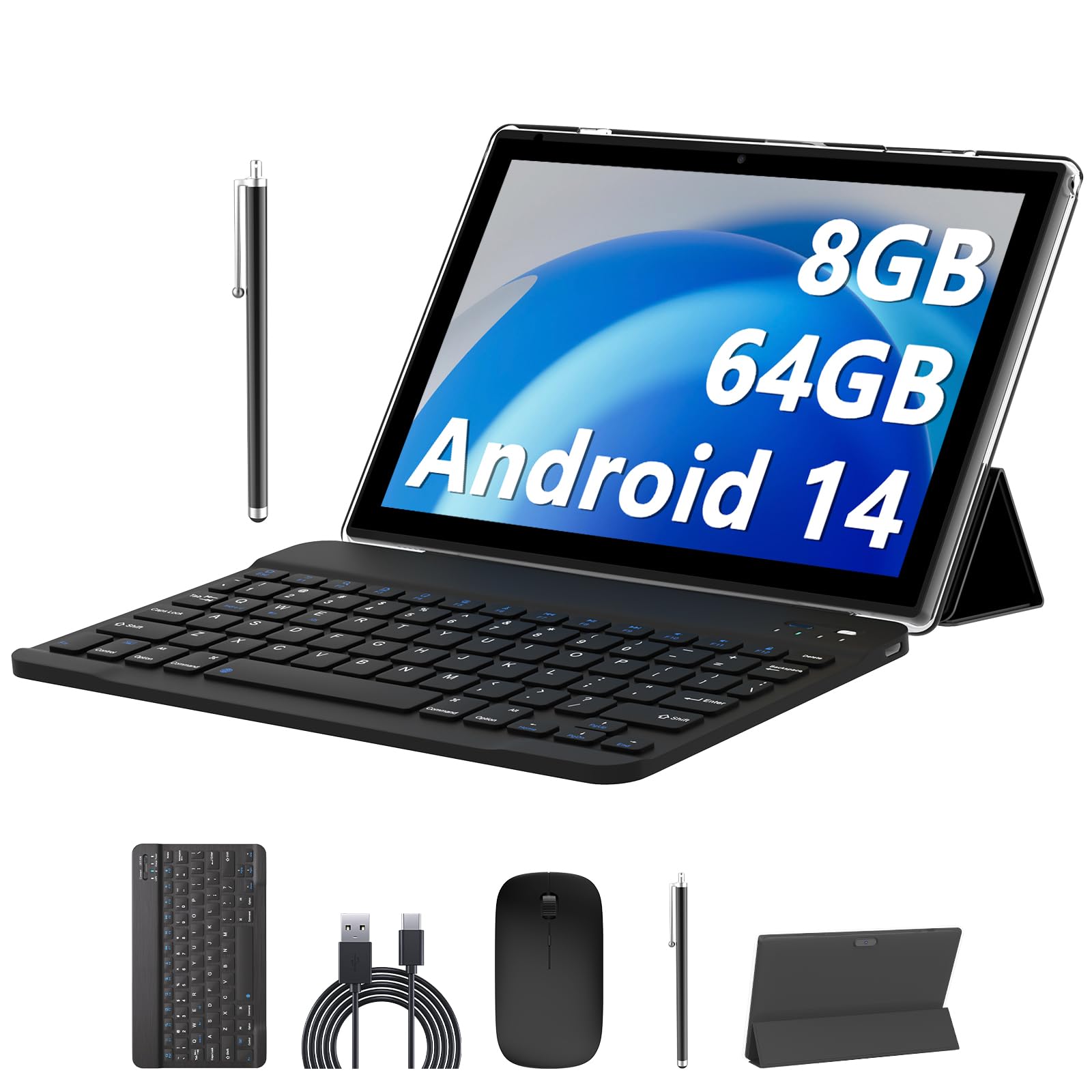 10 Inch Android 14 Tablet with Keyboard - 8GB RAM 64GB ROM (Expandable to 1TB), 1.8GHz Quad-Core Processor, 2-in-1 Laptop Tablet - Includes Case, Mouse & Stylus, 1280x800 IPS HD Display, 8MP Camera, 5G WiFi 6 & Bluetooth 5.0 - Perfect for Work, Study & Entertainment