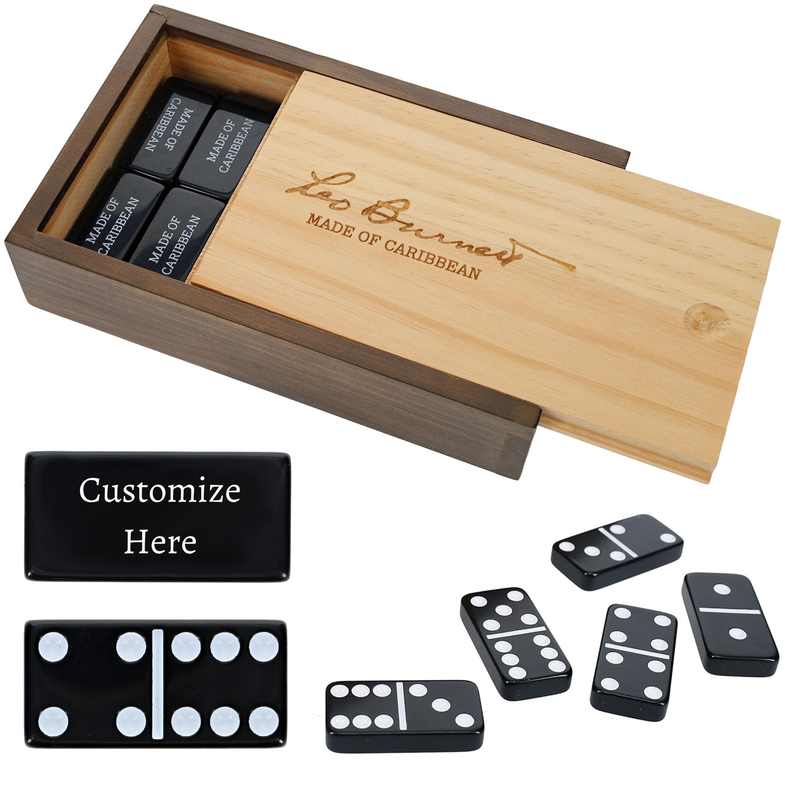 WE Games Custom Engraved Double 6 Black Dominoes Set in Wooden Case - Classic 28-Piece Domino Set for Family Game Night, Parties, and Casino-Themed Events
