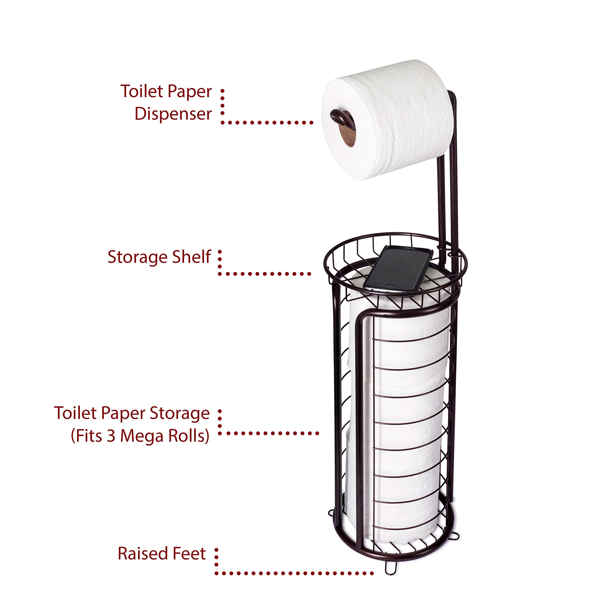 Free Standing Toilet Paper Holder with Storage Shelf - Bronze Bathroom Tissue Dispenser & Organizer - Perfect for Small Bathrooms, Powder Rooms, and RVs