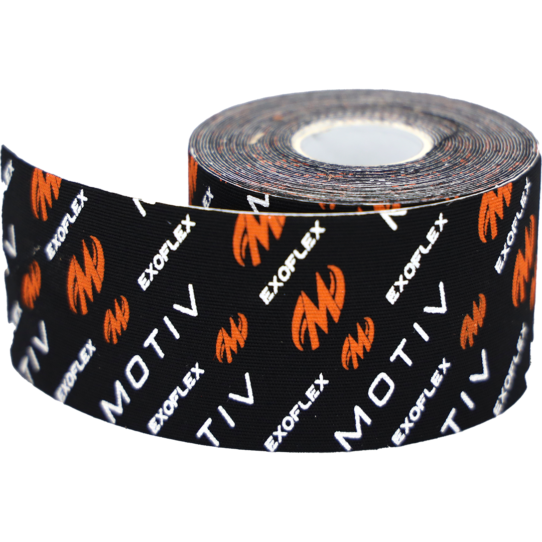 Motiv ExoFlex Kinesiology Tape Roll - Precut Athletic Sports Tape for Pain Relief & Muscle Support - Black/Orange - Ideal for Running, Gym Workouts & Physical Therapy