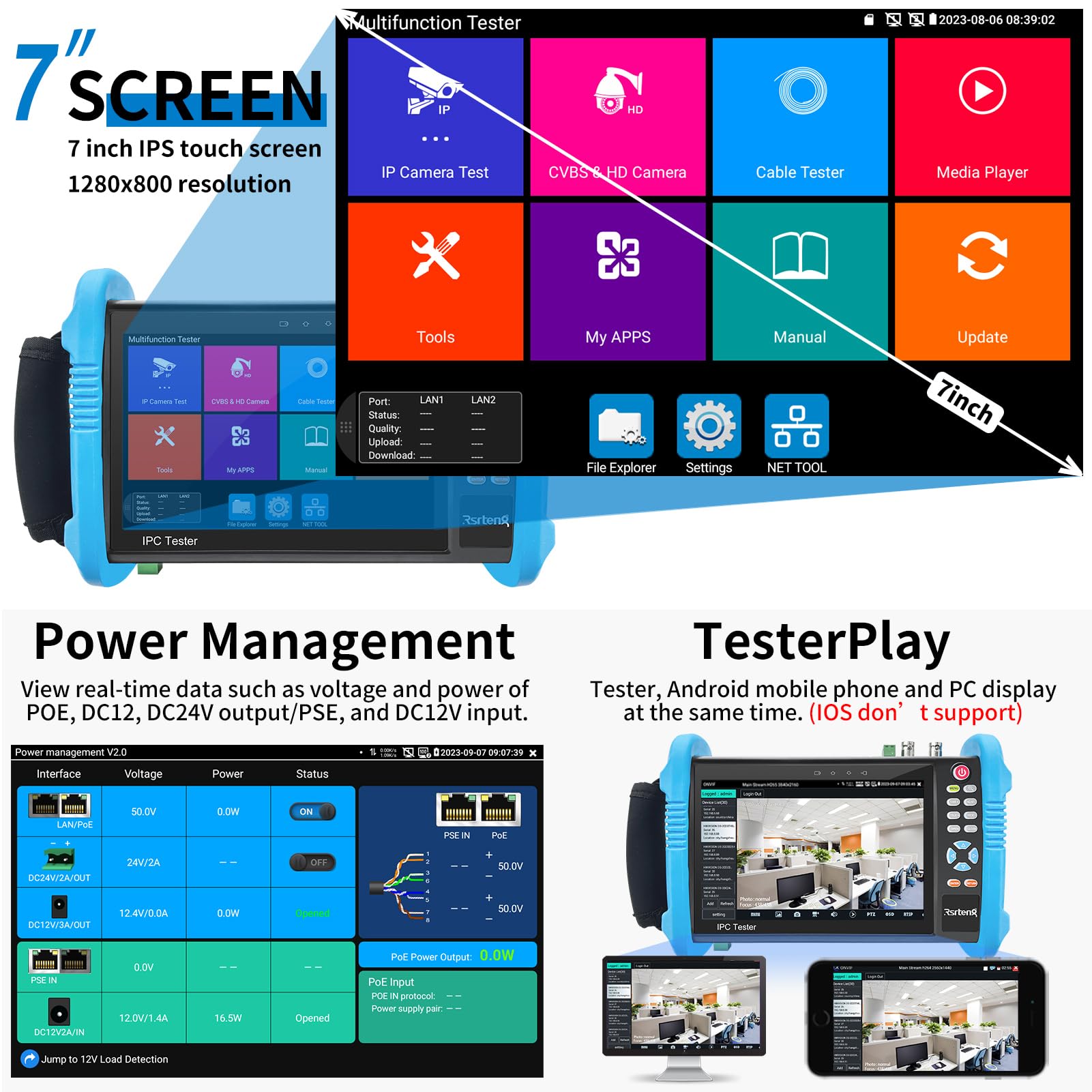8K 32MP 4K 12MP IP Camera Tester - Rsrteng CCTV Tester for ONVIF IP Discovery, WiFi POE Cable Testing, HDMI/VGA Output - Perfect for Security Camera Installation & Network Maintenance (IPC-9800ADH Pro)