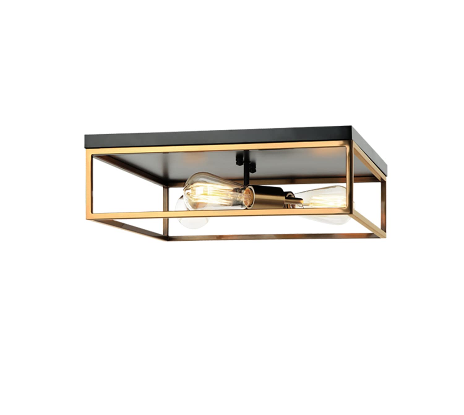 Knox Square 3-Light Flush Mount Ceiling Fixture - Matte Black with Brass Accents - Modern Lighting for Bedroom, Kitchen, or Hallway