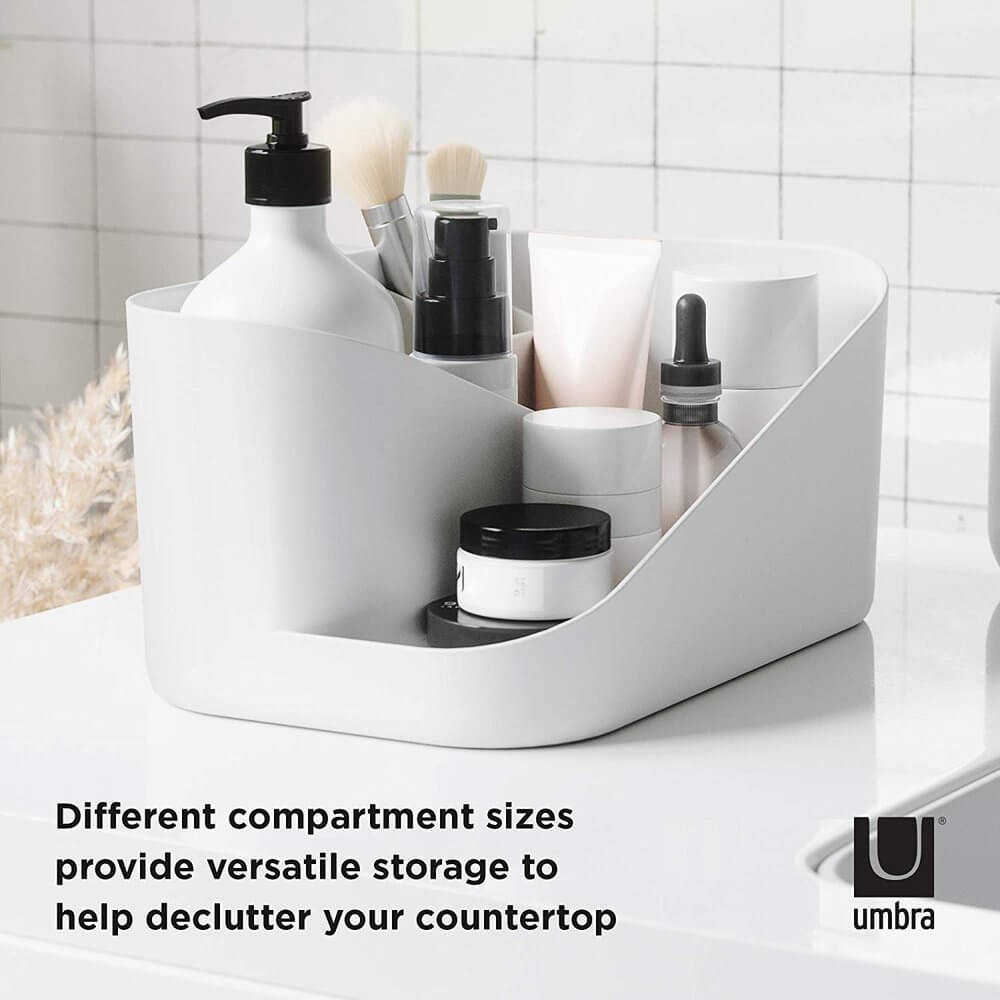 Umbra Glam Makeup Organizer - White Cosmetic Storage Case for Vanity, Bathroom & Travel | Compact Beauty Accessory Holder for Brushes, Lipsticks & Makeup Essentials