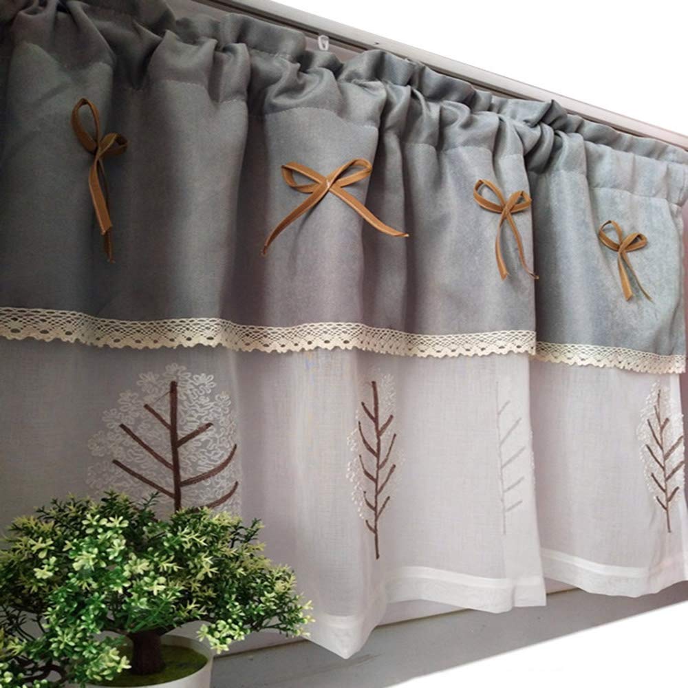 XBSXP Half Kitchen Curtain - Linen Voile Cafe Curtain with Bowknot for Small Windows in Kitchen, Bathroom or Living Room - Lightweight Tier Curtain with Lace Trim for Privacy & Decoration