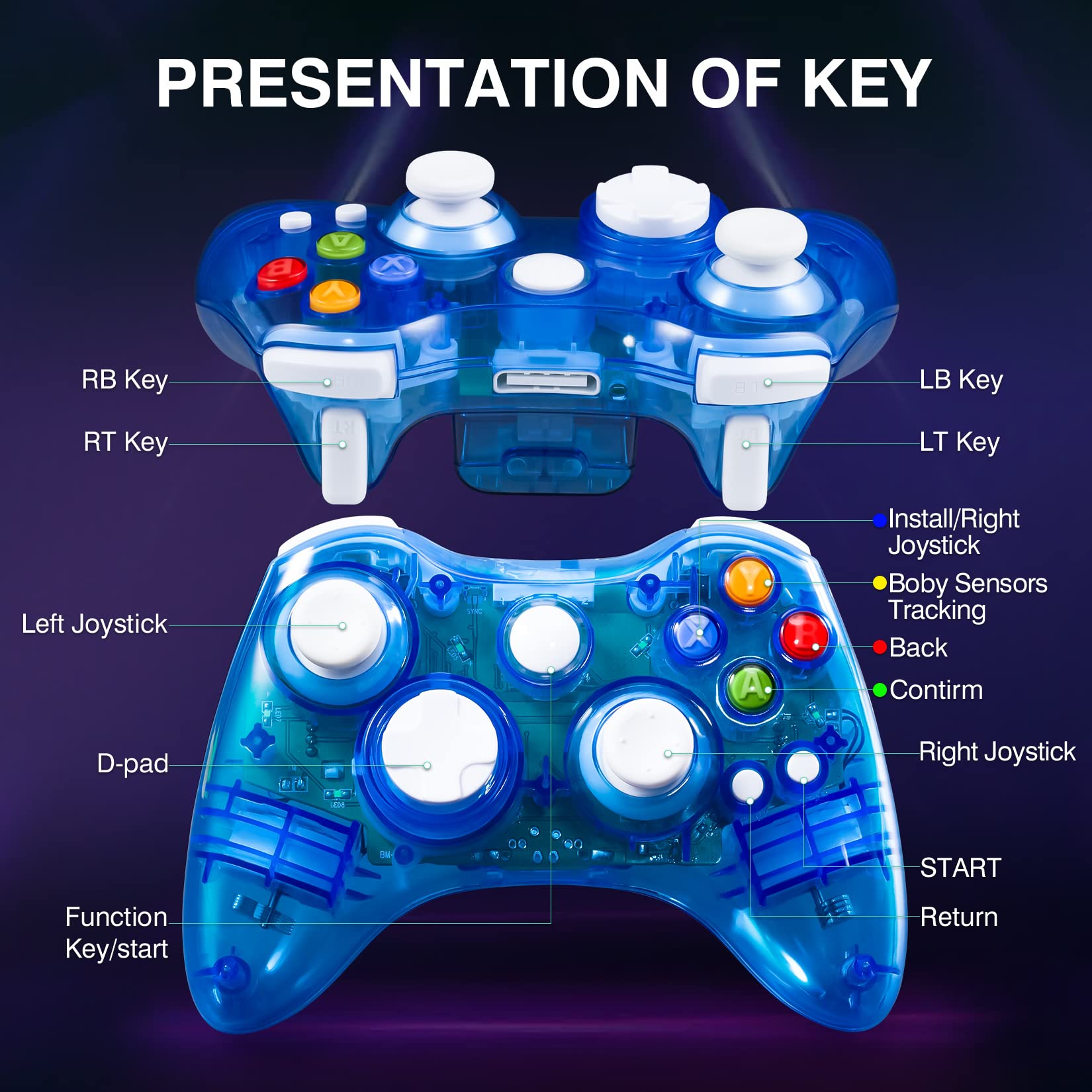 PAWHITS Wireless Xbox 360 Controller - LED Gamepad for Xbox 360 & PC - Enhanced Joystick & Vibration for Gaming (Blue)