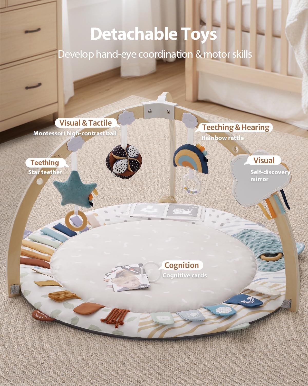 Blissful Diary Baby Play Gym & Activity Mat - 5 Developmental Zones Wooden Tummy Time Mat with 6 Detachable Sensory Toys for Infant Motor Skills & Sensory Development | Newborn Essentials, Baby Shower Gift for Boys & Girls | Perfect for Nursery, Playtime & Learning Activities
